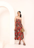 Red Tropical Printed Smocked Midi Dress with Pockets - Kaoribyshreya