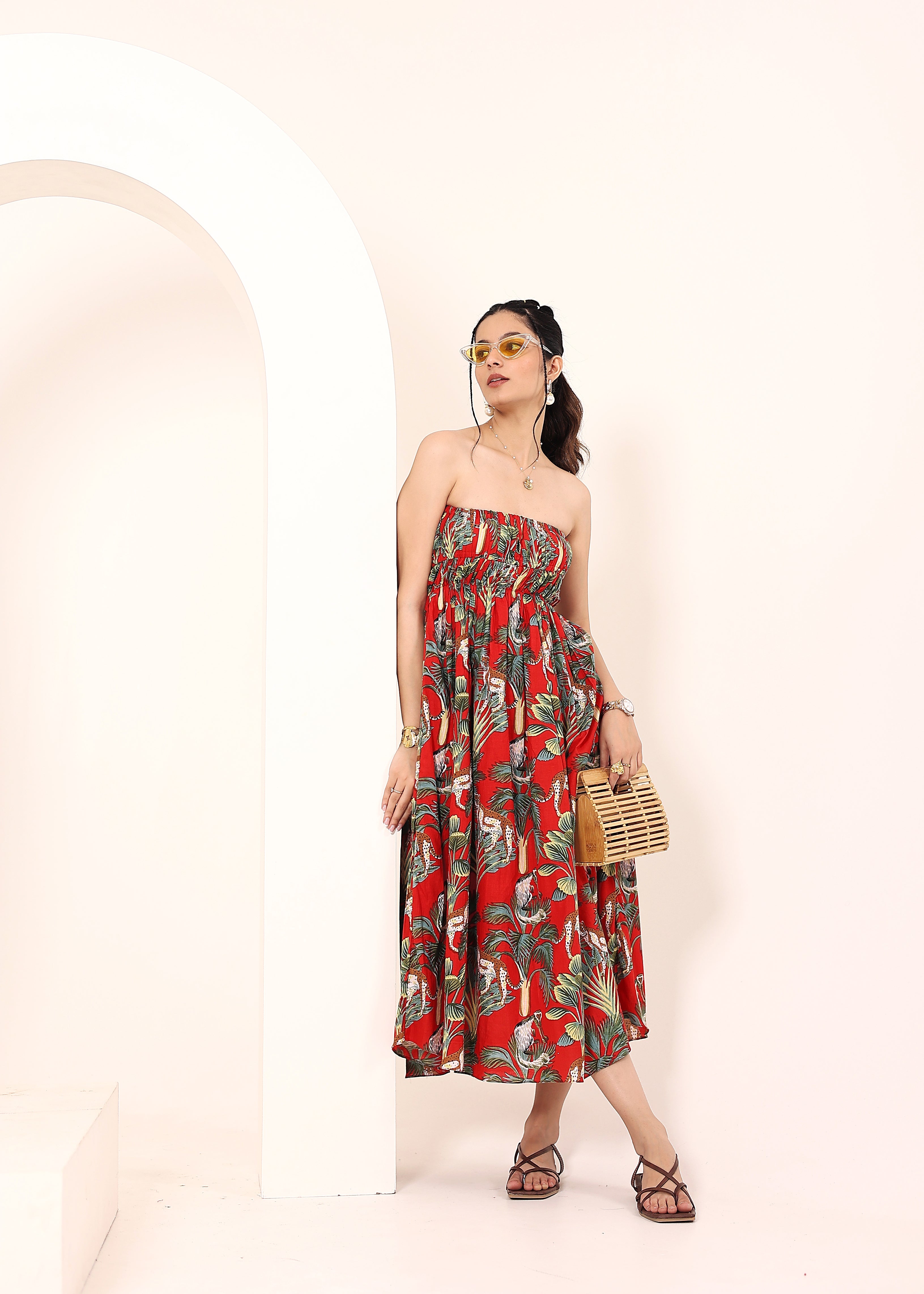 Red Tropical Printed Smocked Midi Dress with Pockets - Kaoribyshreya