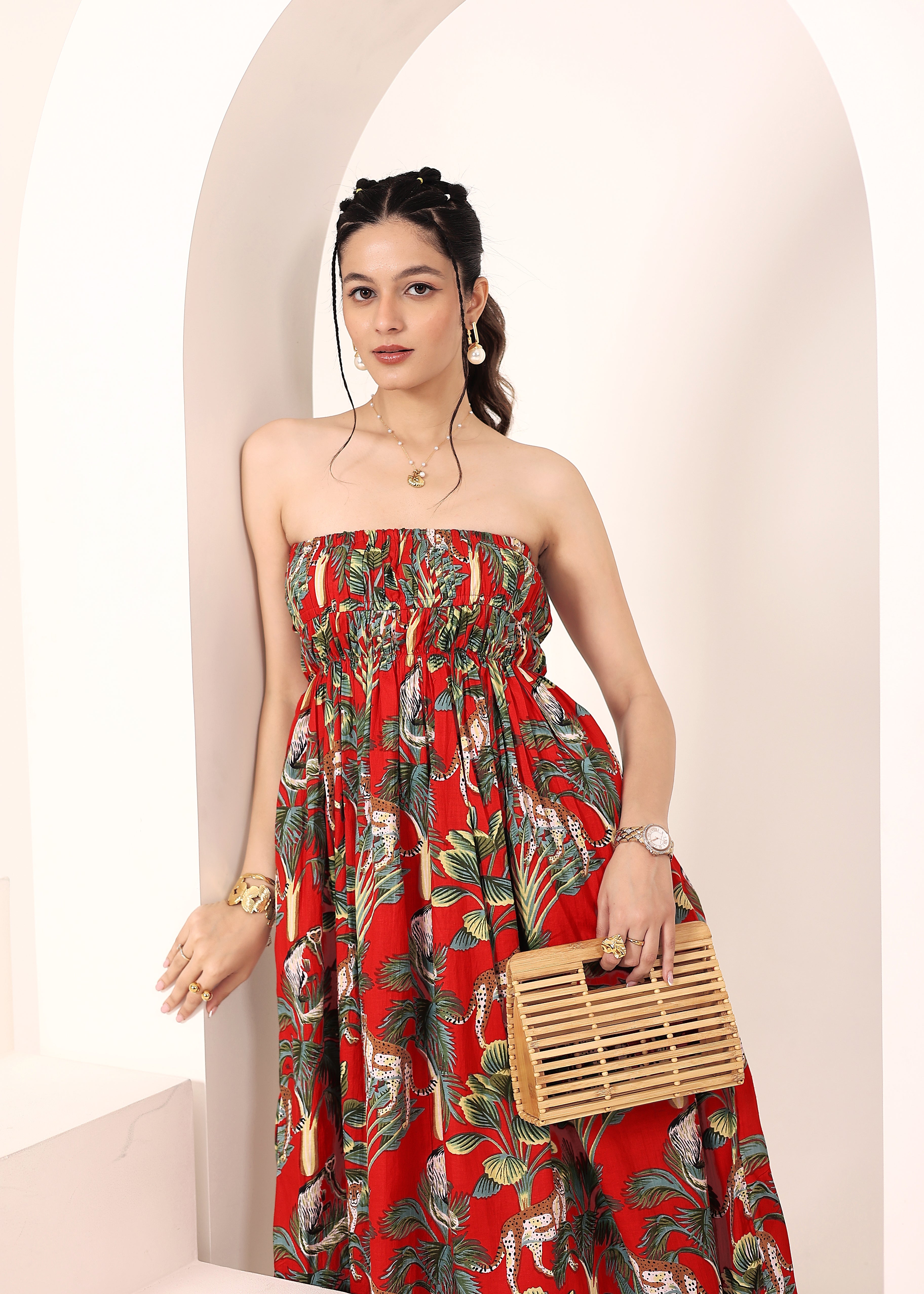 Red Tropical Printed Smocked Midi Dress with Pockets - Kaoribyshreya