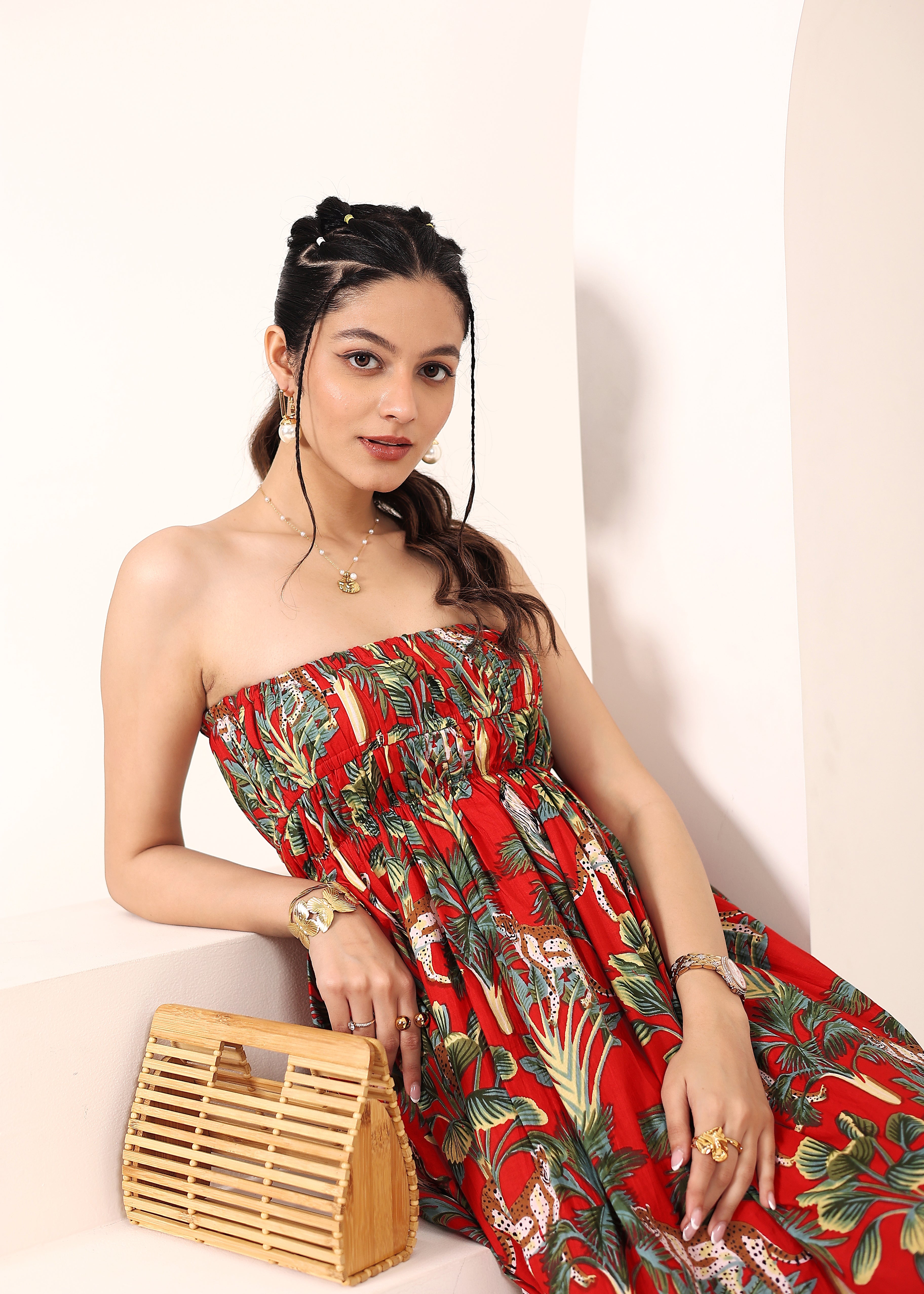 Red Tropical Printed Smocked Midi Dress with Pockets - Kaoribyshreya