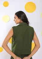 Olive Green Summer Relaxed Collared Waist Coat 100% Cotton Shirt - Kaoribyshreya