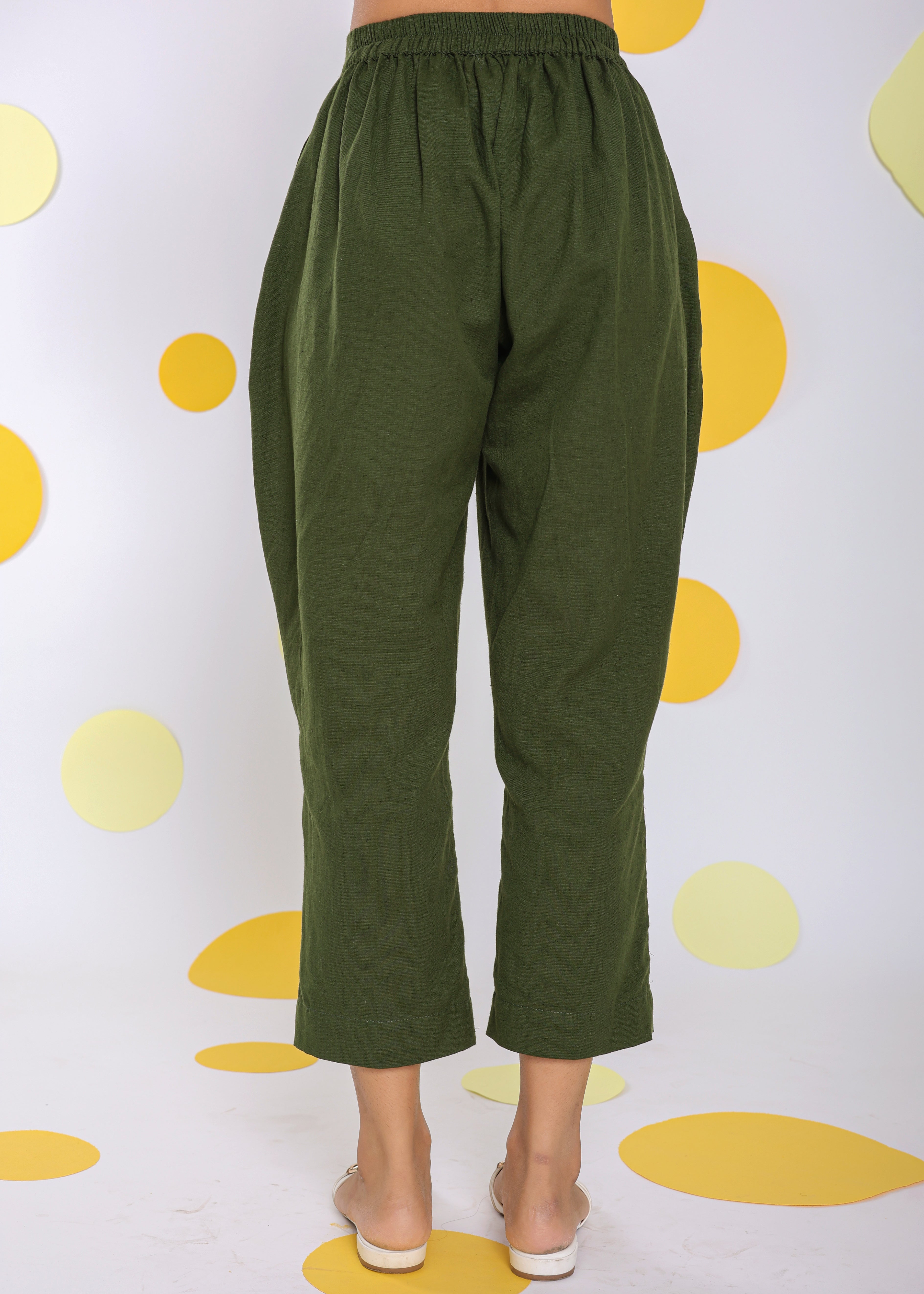 Olive Green Summer Relaxed Formal 100% Cotton Pants - Kaoribyshreya
