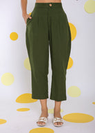 Olive Green Summer Relaxed Formal 100% Cotton Pants - Kaoribyshreya