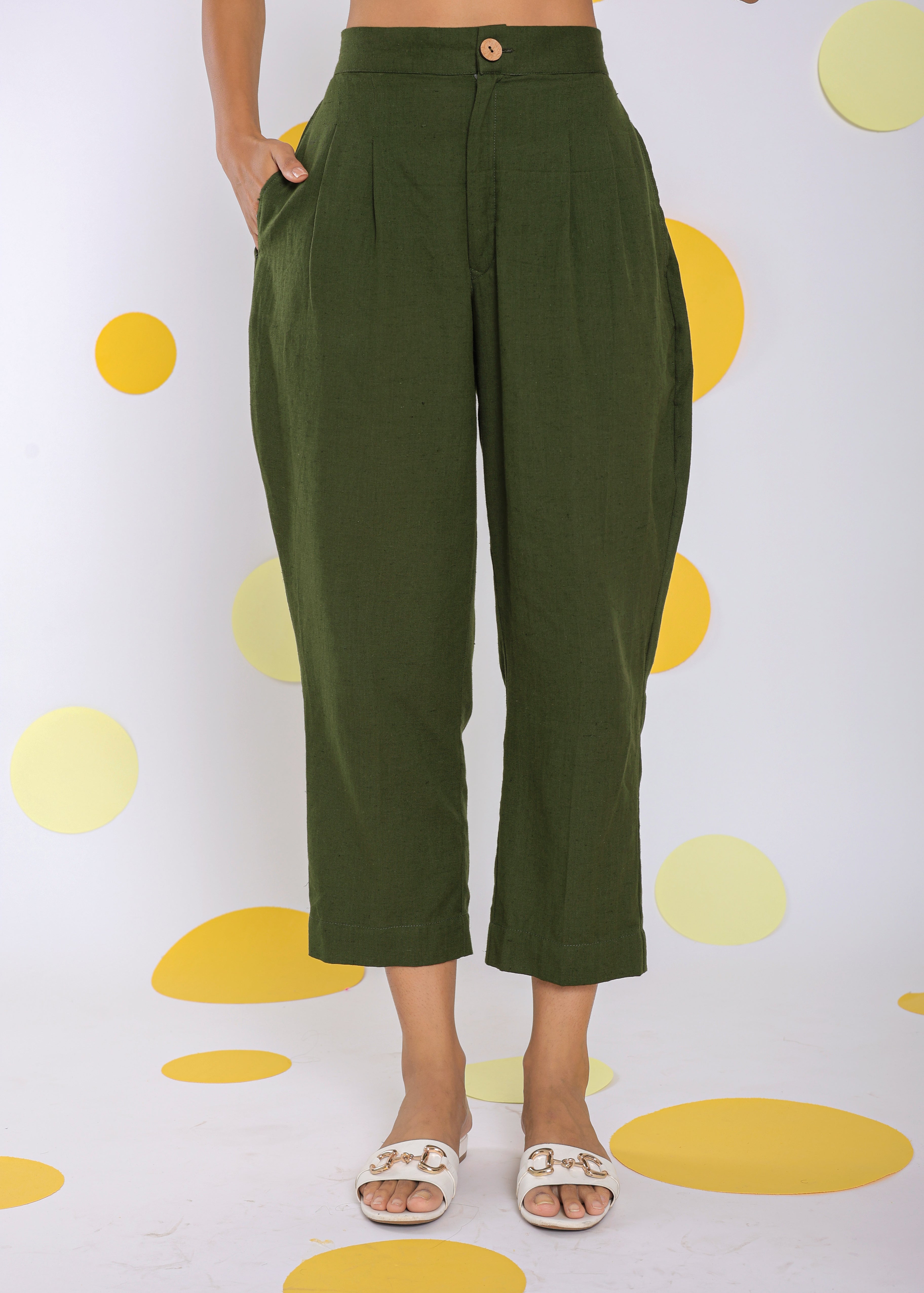 Olive Green Summer Relaxed Formal 100% Cotton Pants - Kaoribyshreya
