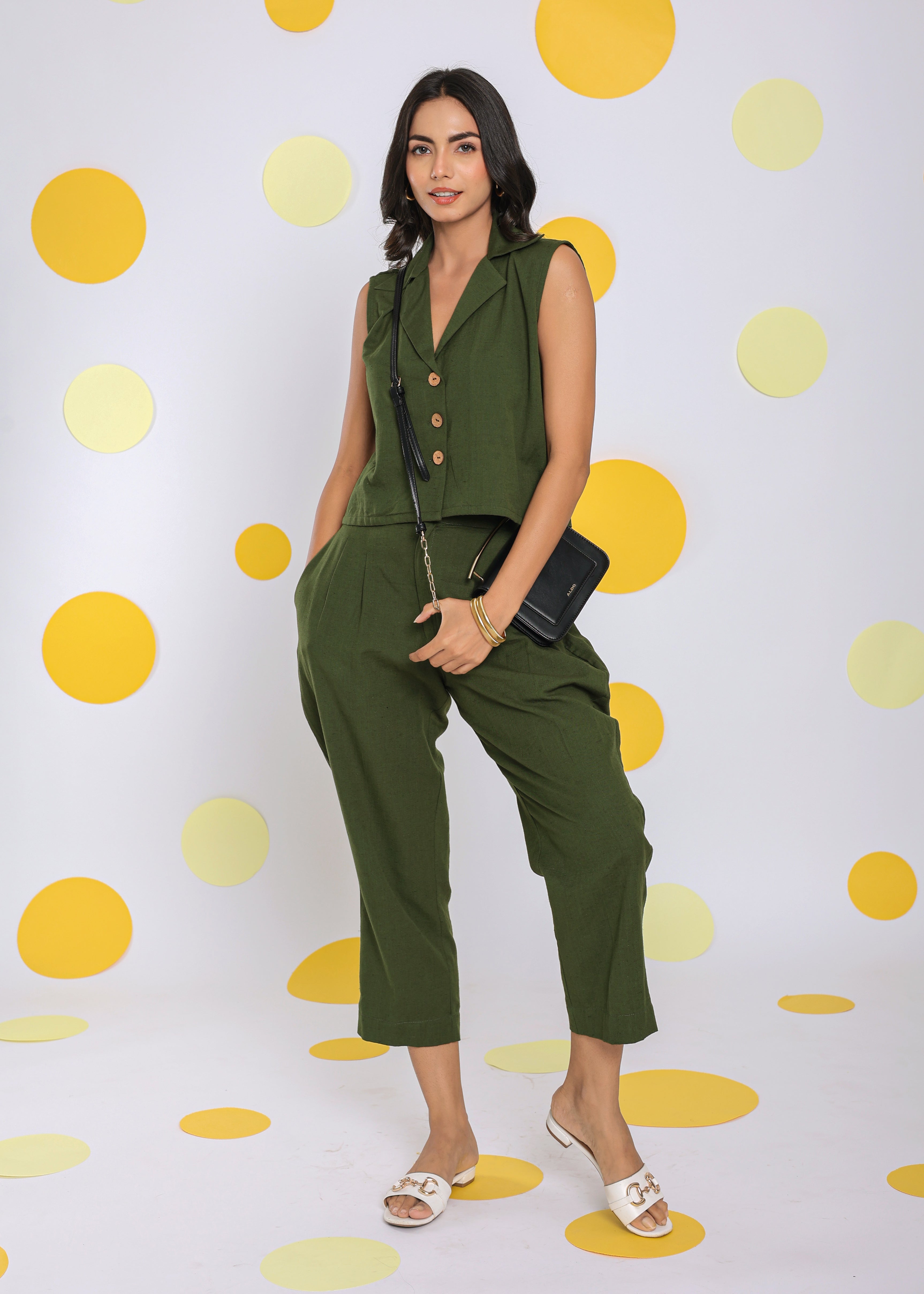 Olive Green Summer Relaxed Formal 100% Cotton Pants - Kaoribyshreya