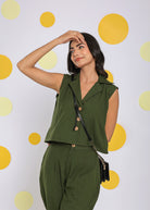 Olive Green Summer Relaxed Collared Waist Coat 100% Cotton Shirt - Kaoribyshreya