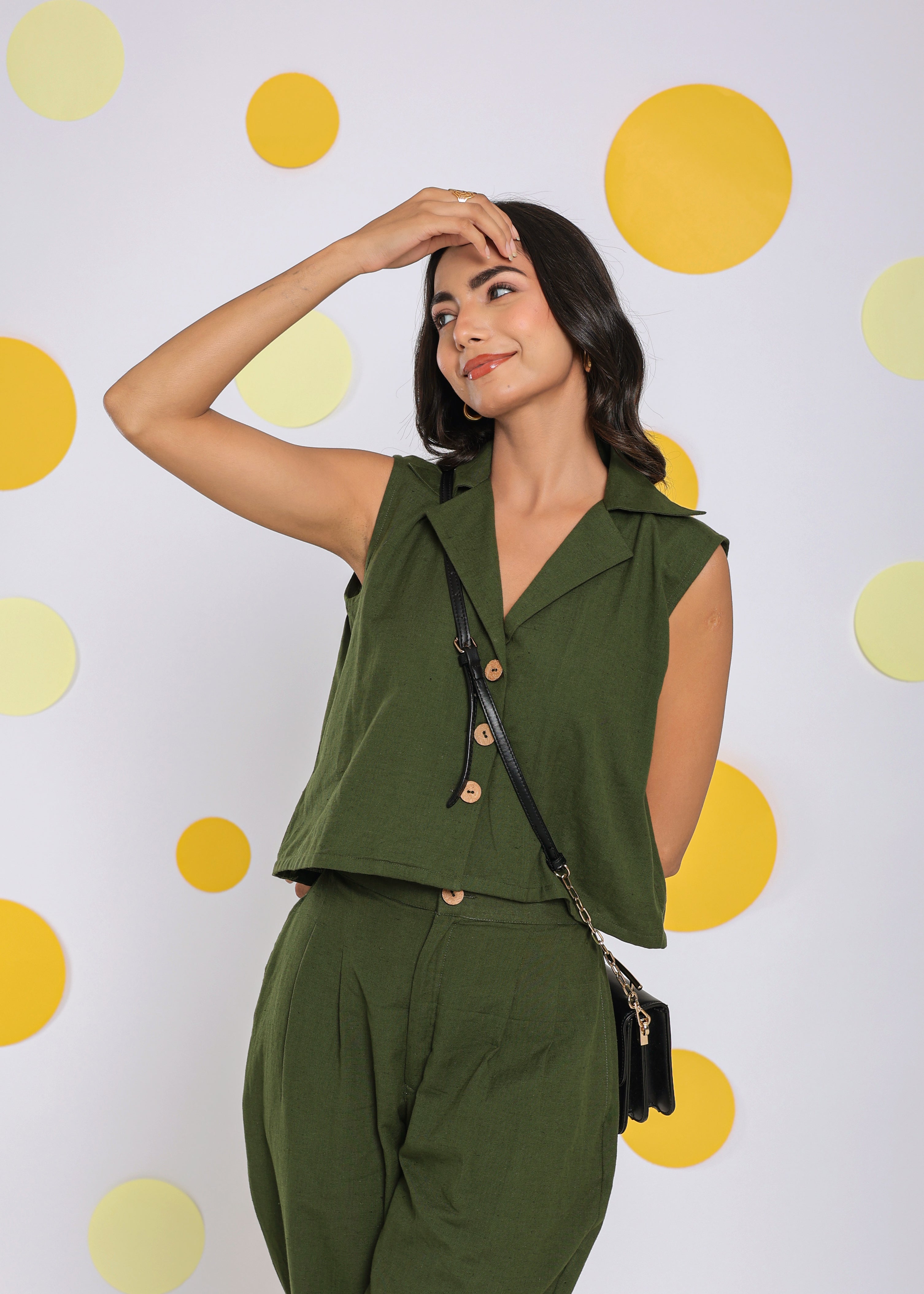 Olive Green Summer Relaxed Collared Waist Coat 100% Cotton Shirt - Kaoribyshreya