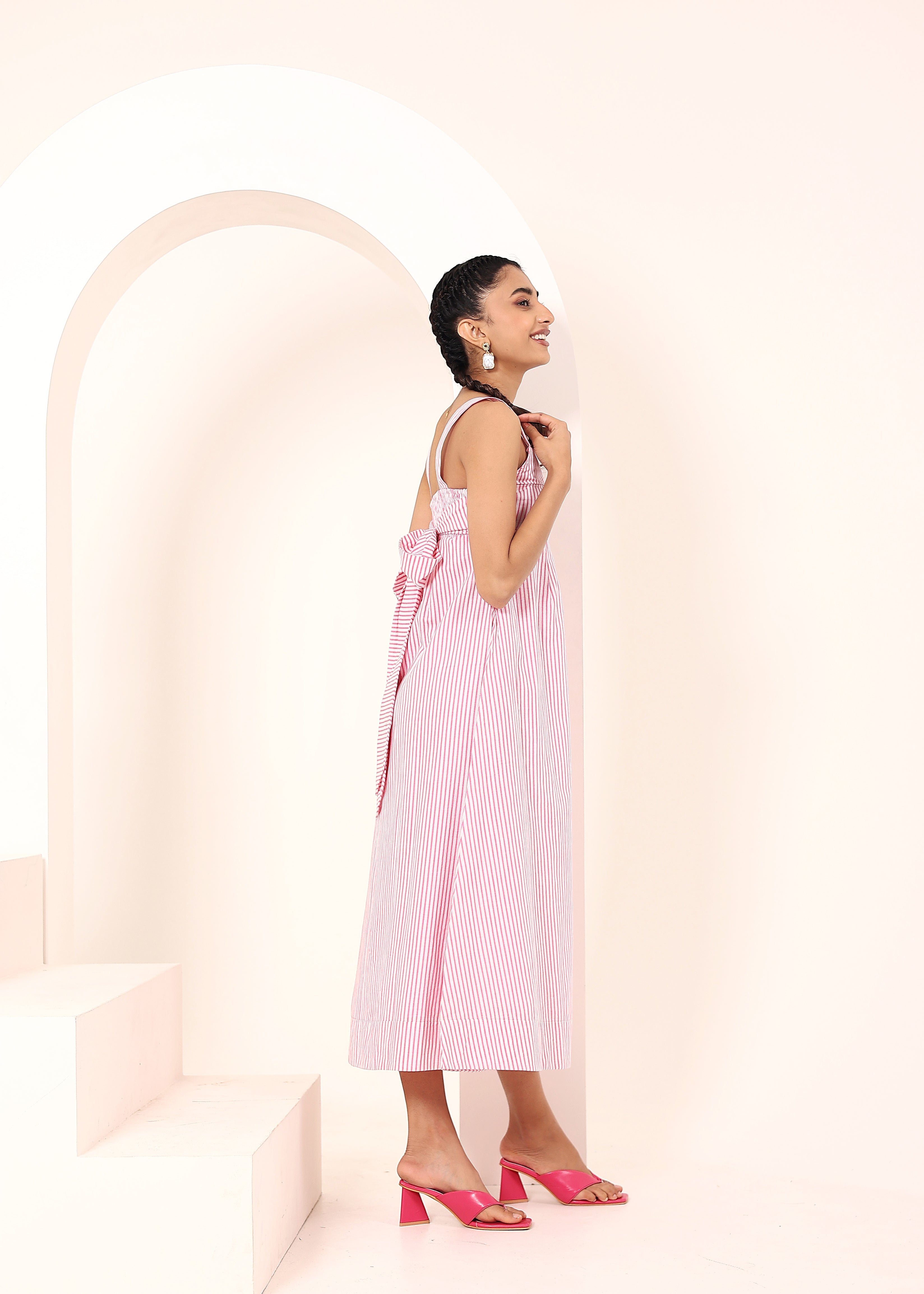 Pink and White Striped Printed Midi Dress with Pockets - Kaoribyshreya