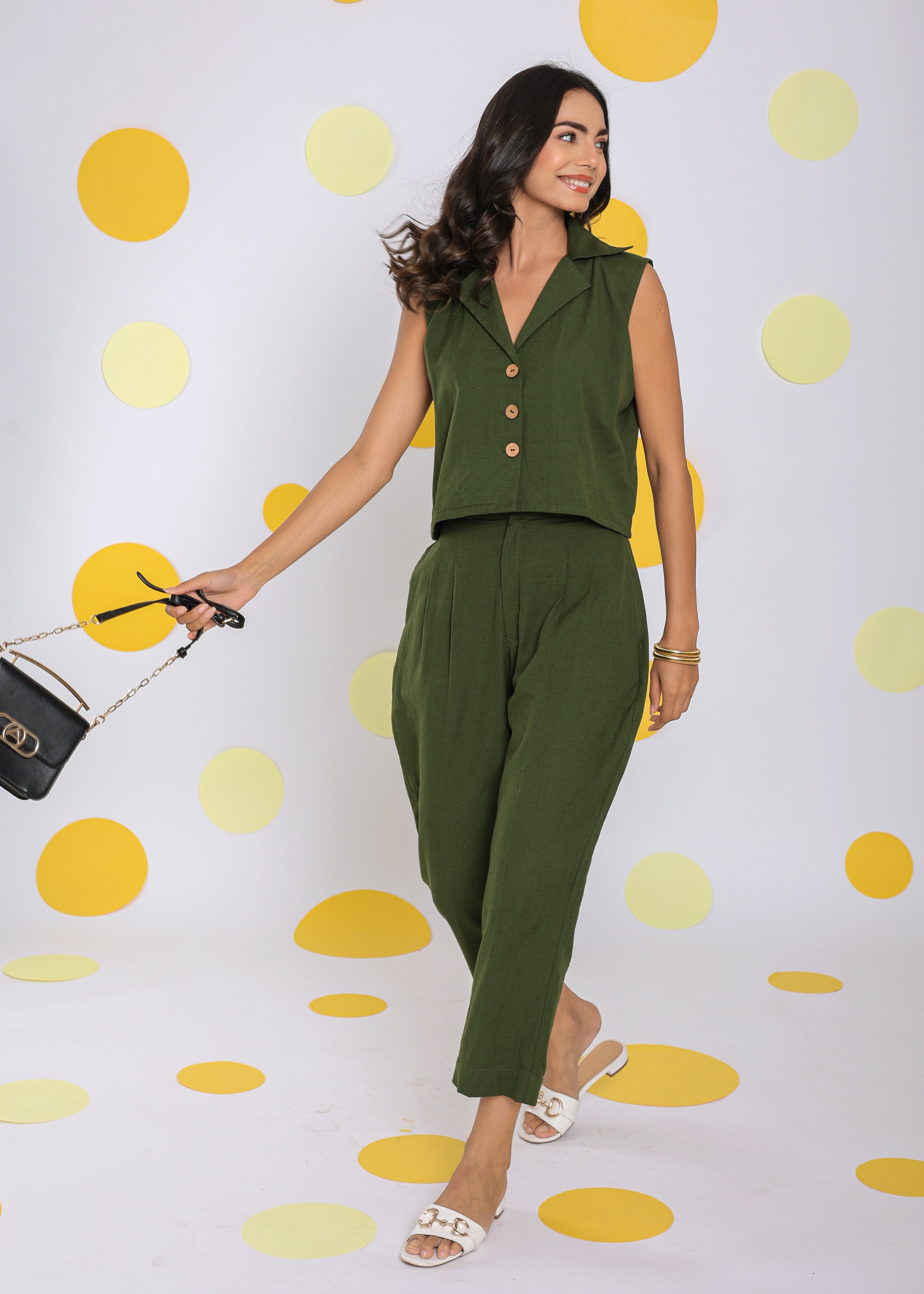 Olive Green Everyday Wear Top and Pant Two Piece Set Summer Relaxed 100% Cotton Co-ord Set - Kaoribyshreya