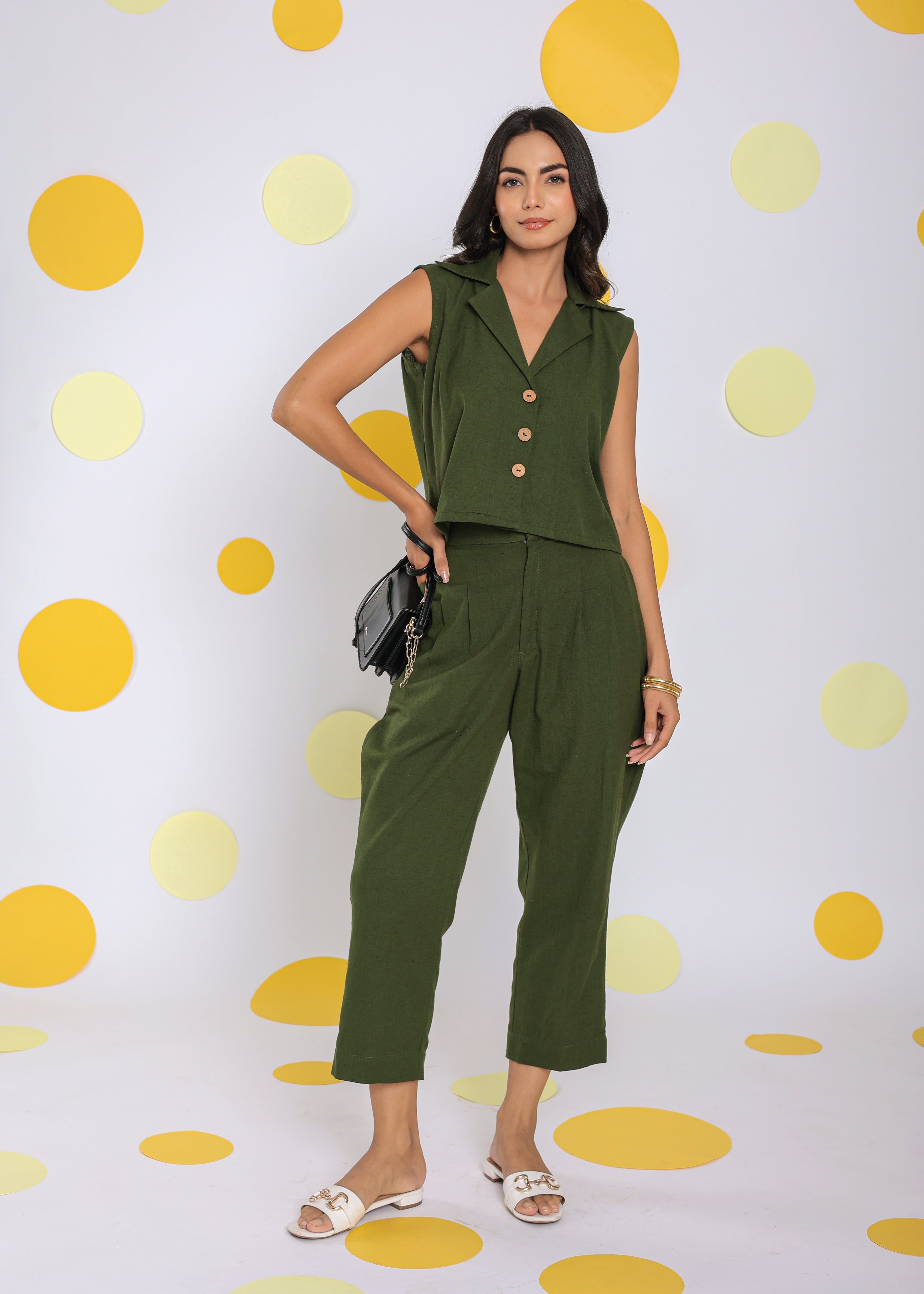 Olive Green Everyday Wear Top and Pant Two Piece Set Summer Relaxed 100% Cotton Co-ord Set - Kaoribyshreya