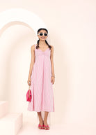 Pink and White Striped Printed Midi Dress with Pockets - Kaoribyshreya
