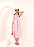 Pink and White Striped Printed Midi Dress with Pockets - Kaoribyshreya