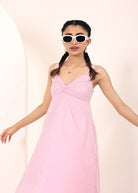 Pink and White Striped Printed Midi Dress with Pockets - Kaoribyshreya
