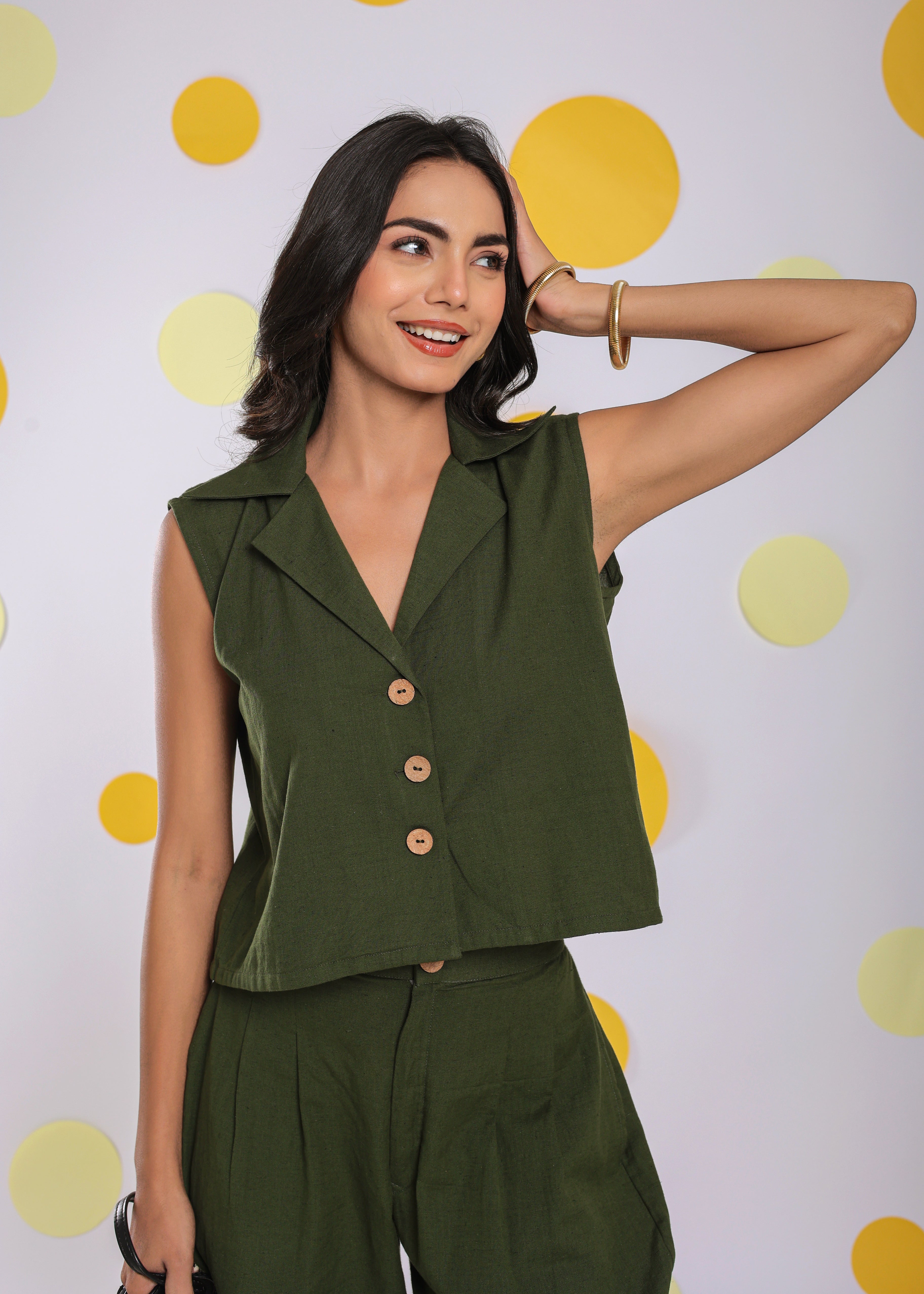 Olive Green Summer Relaxed Collared Waist Coat 100 Cotton Shirt Kaoribyshreya