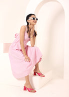 Pink and White Striped Printed Midi Dress with Pockets - Kaoribyshreya