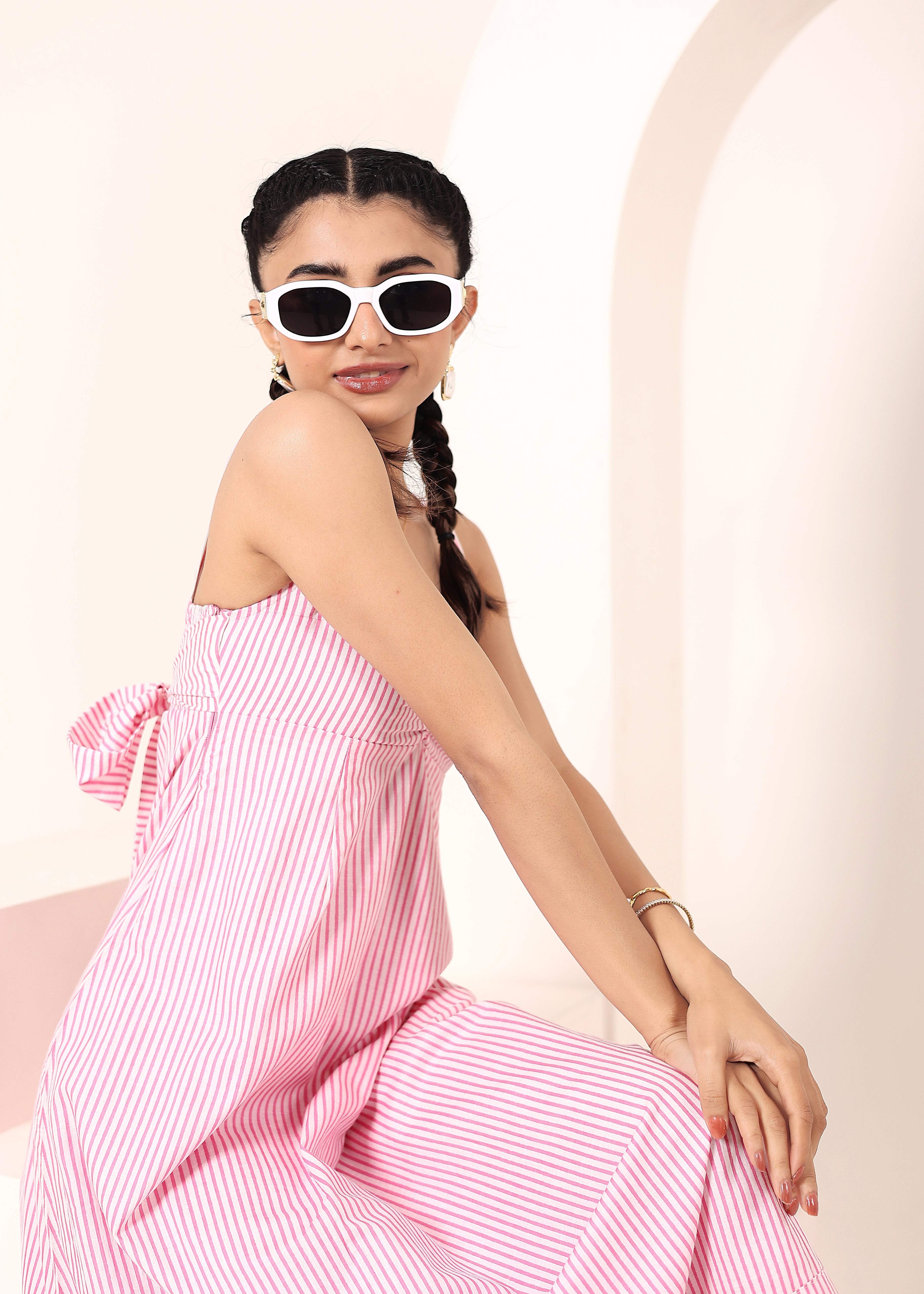 Pink and White Striped Printed Midi Dress with Pockets - Kaoribyshreya