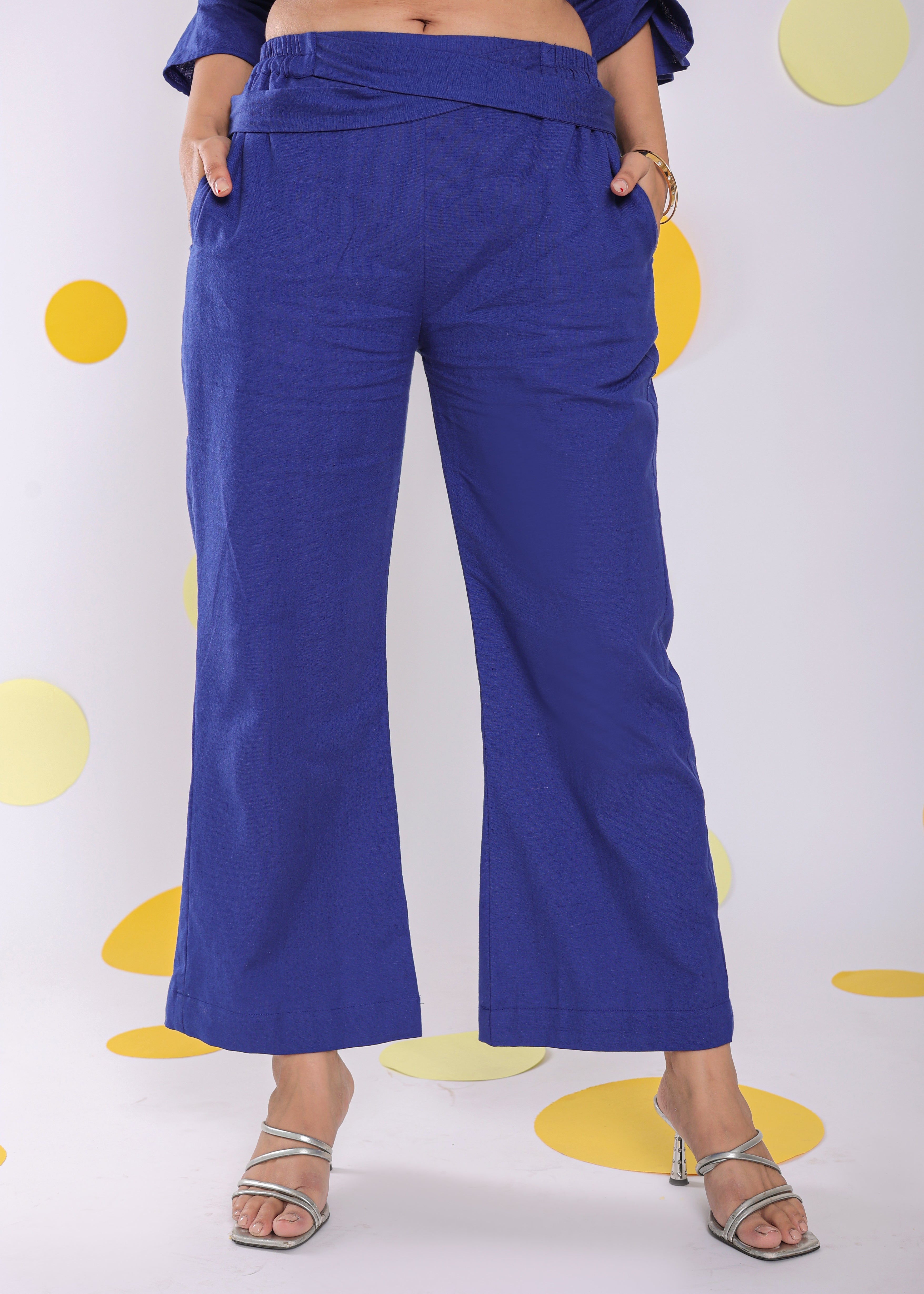 Royal Blue Summer Relaxed Waist Cross Tie Up Wide Leg Linen Pants - Kaoribyshreya