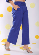 Royal Blue Summer Relaxed Waist Cross Tie Up Wide Leg Linen Pants - Kaoribyshreya