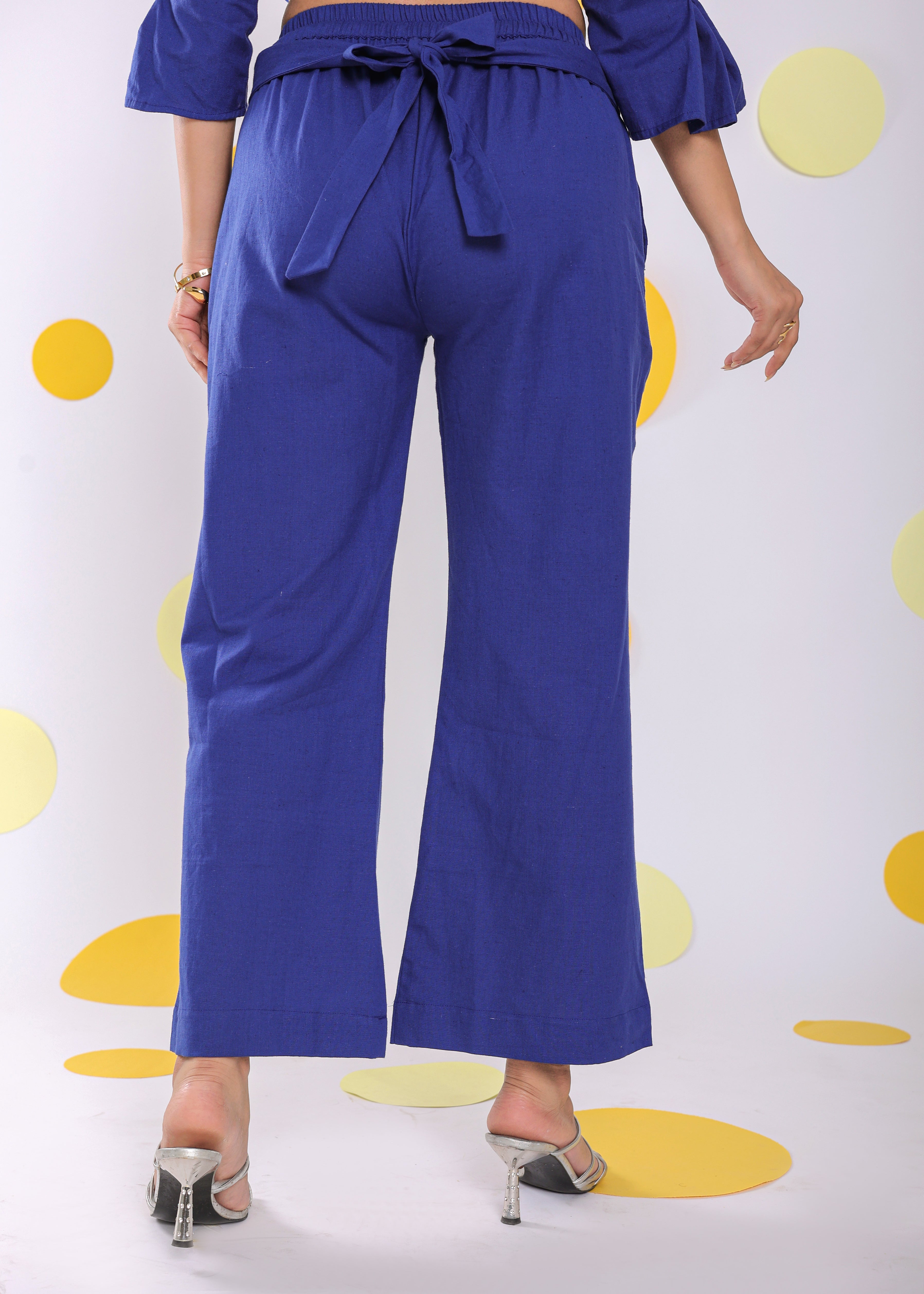 Royal Blue Summer Relaxed Waist Cross Tie Up Wide Leg Linen Pants - Kaoribyshreya