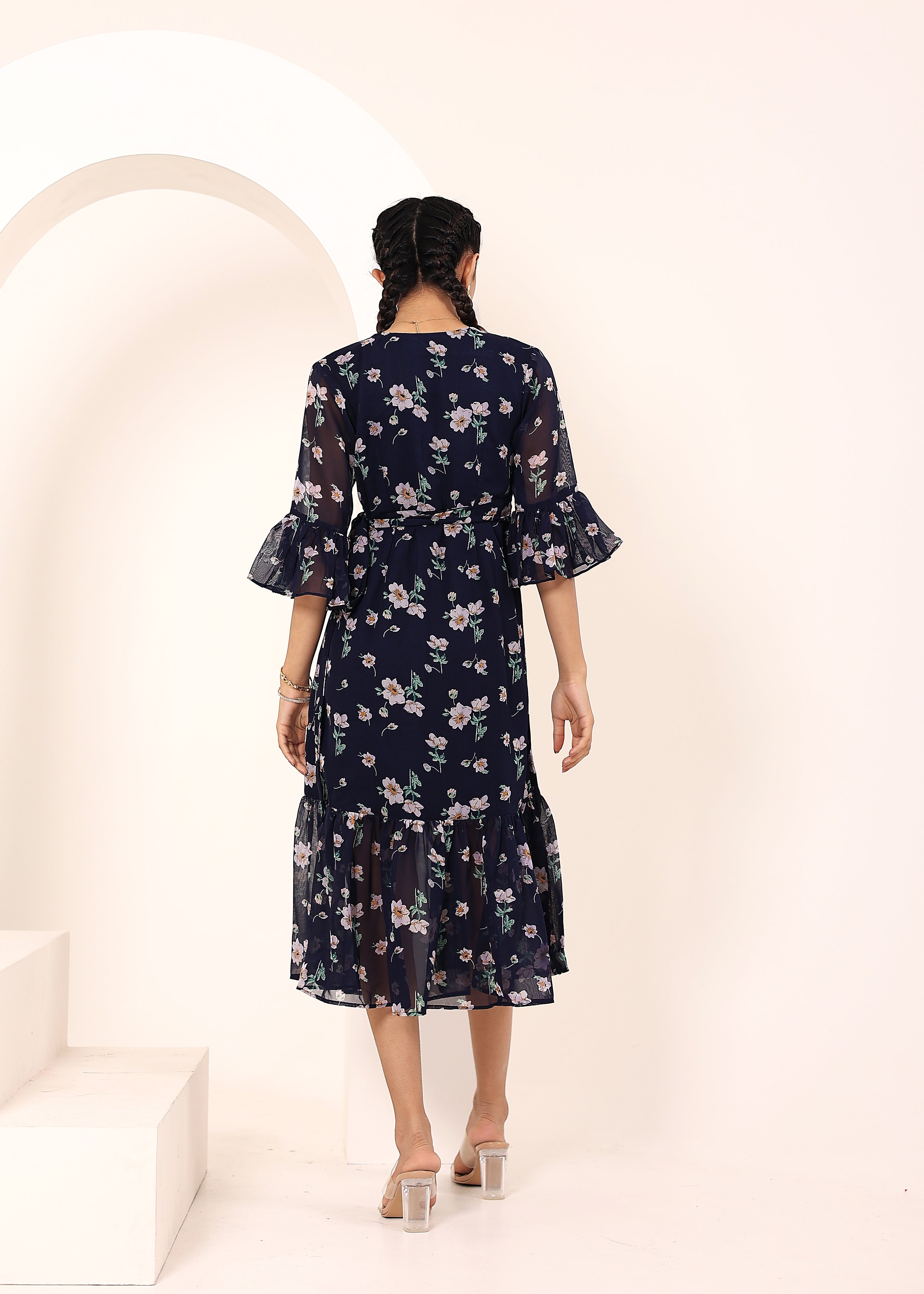 Blue Chiffon Midi Wrap Dress - Kaoribyshreya