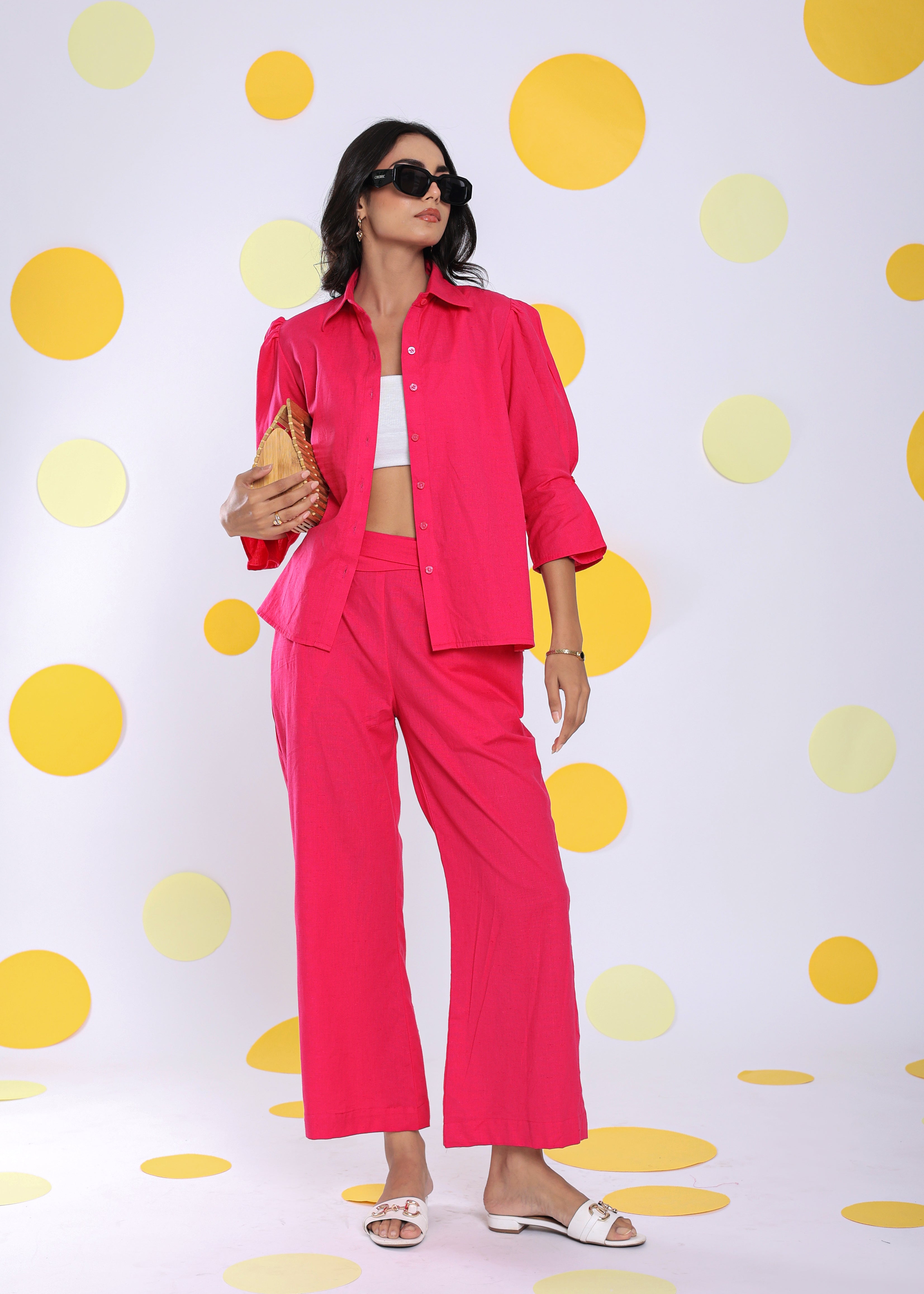 Hot Pink Shirt and Pant 2 Piece Set Summer Relaxed Linen Co-ord Set - Kaoribyshreya
