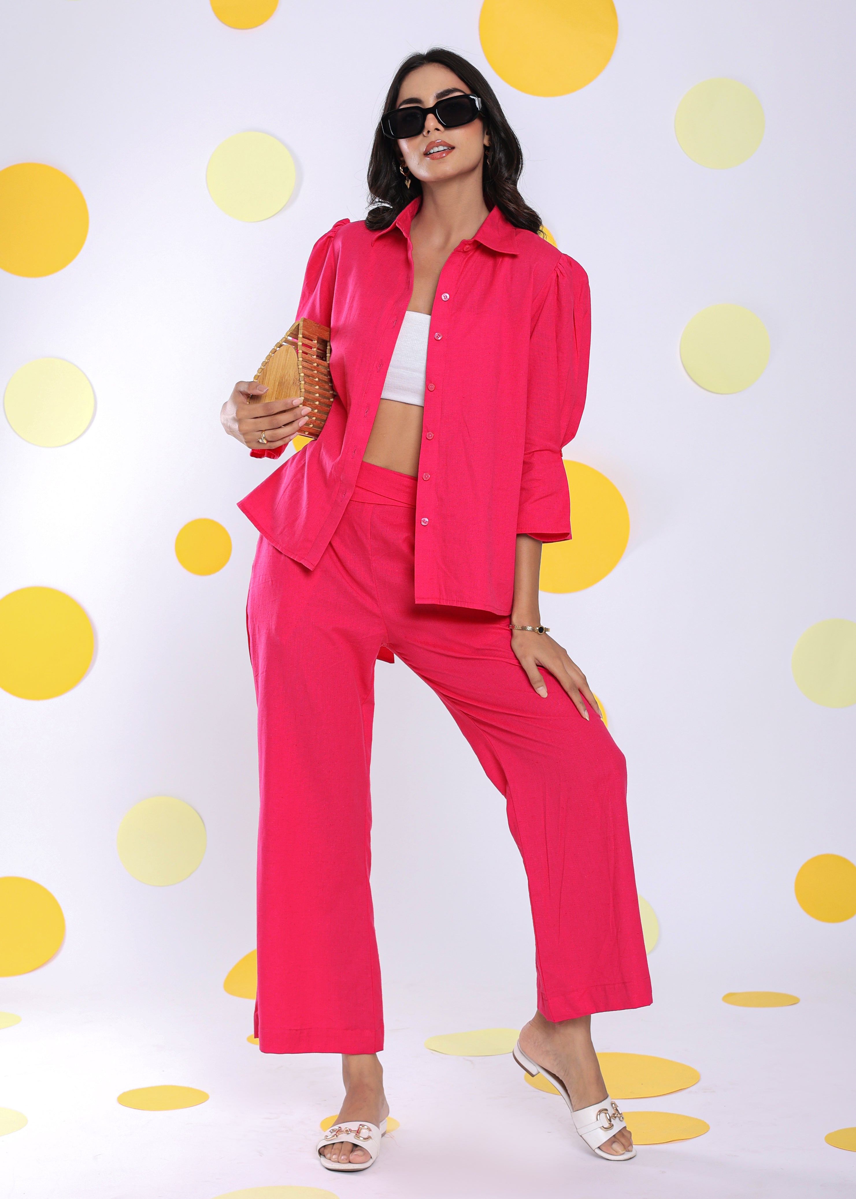 Hot Pink Shirt and Pant 2 Piece Set Summer Relaxed Linen Co-ord Set - Kaoribyshreya