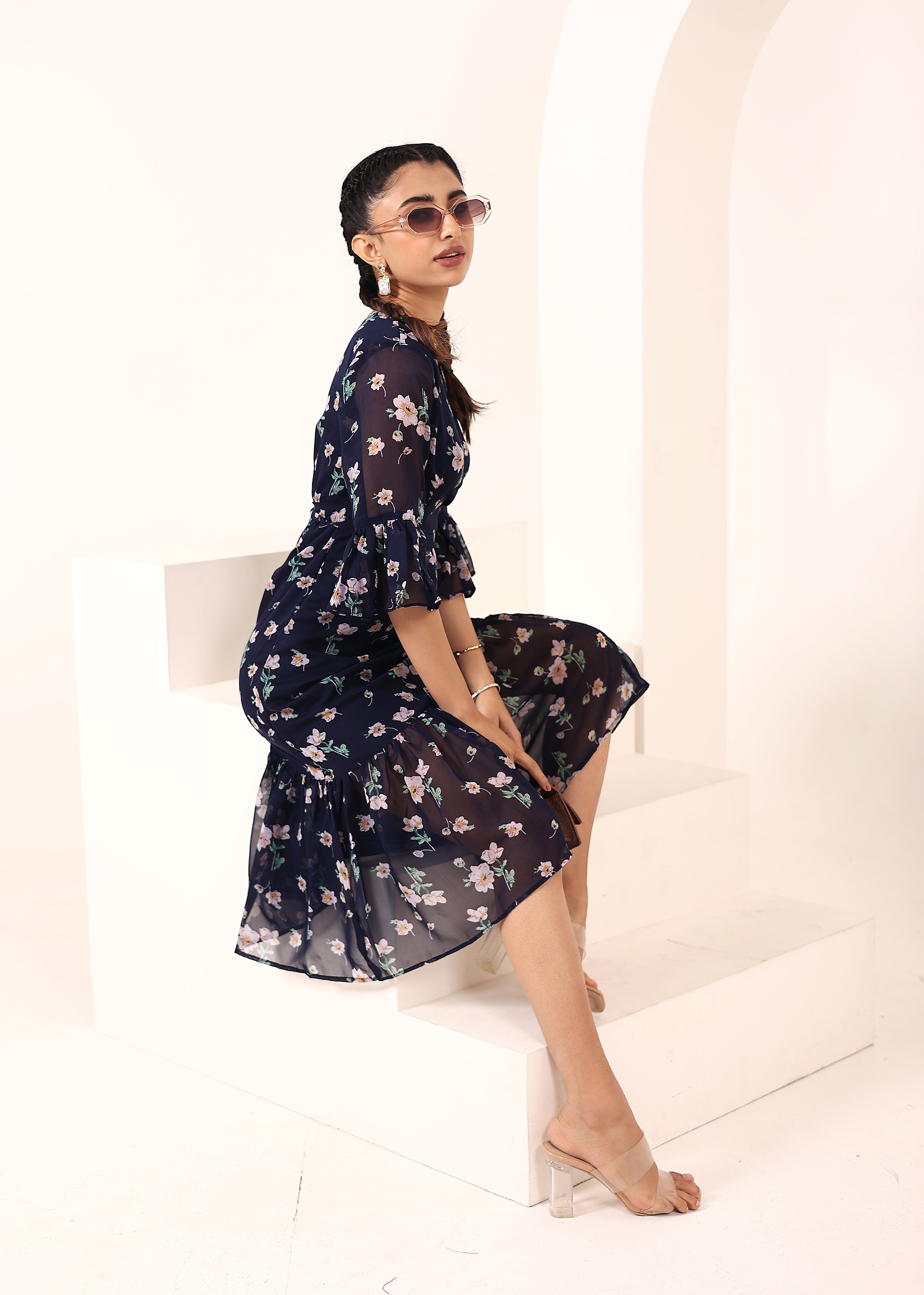 Blue Chiffon Midi Wrap Dress - Kaoribyshreya