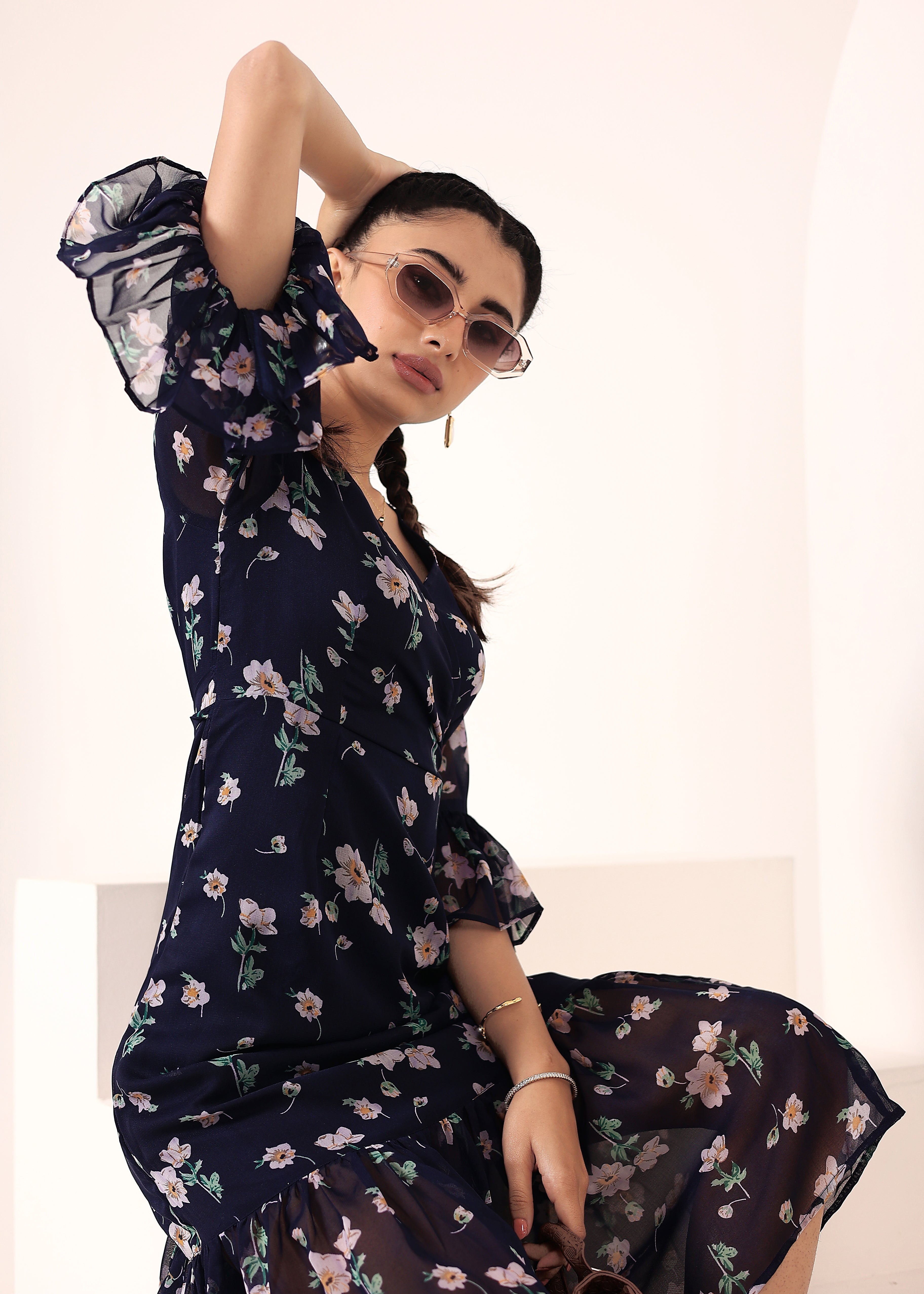 Blue Chiffon Midi Wrap Dress - Kaoribyshreya