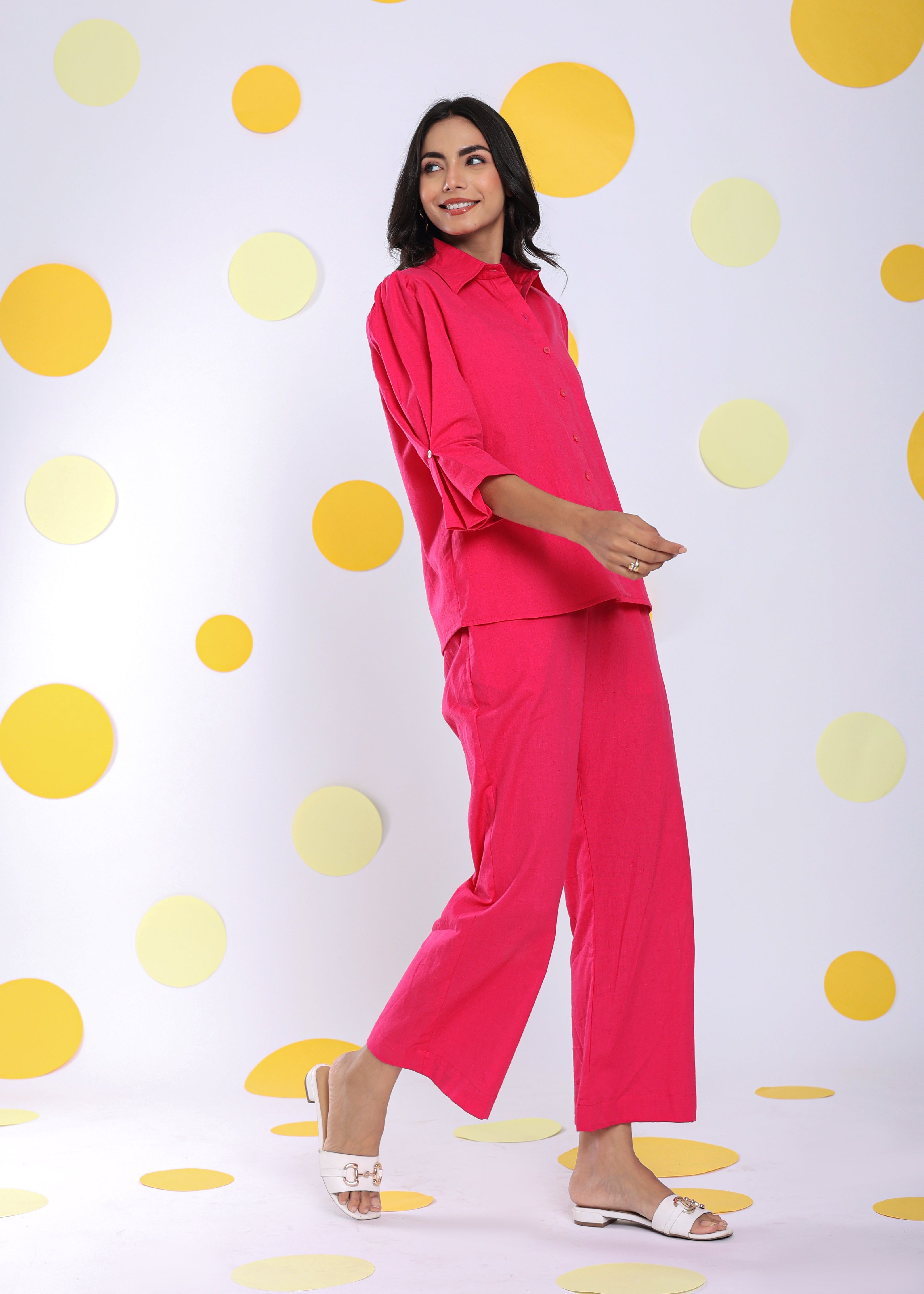 Hot Pink Shirt and Pant 2 Piece Set Summer Relaxed Linen Co-ord Set - Kaoribyshreya