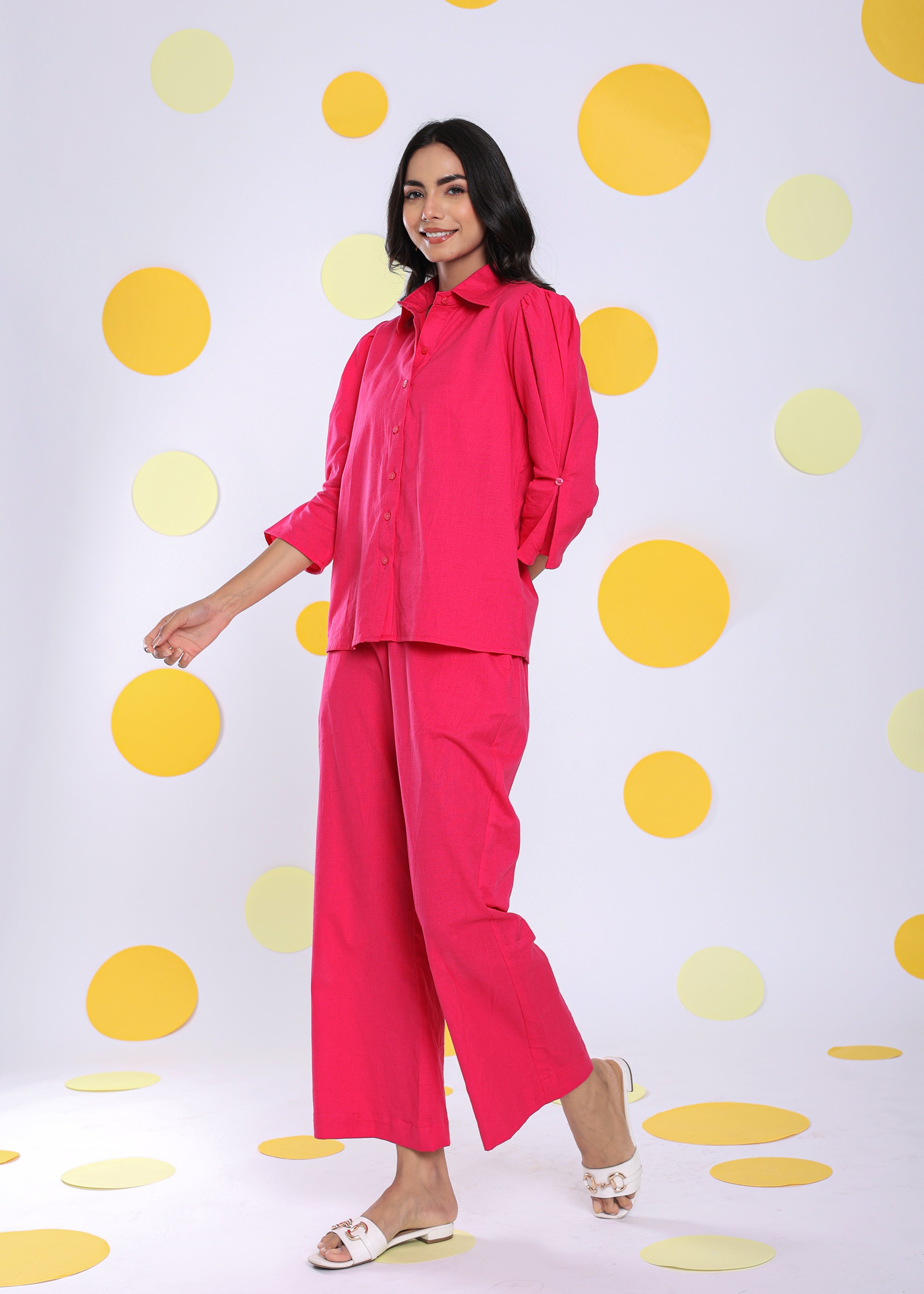Hot Pink Summer Relaxed Collared Formal Linen Shirt - Kaoribyshreya