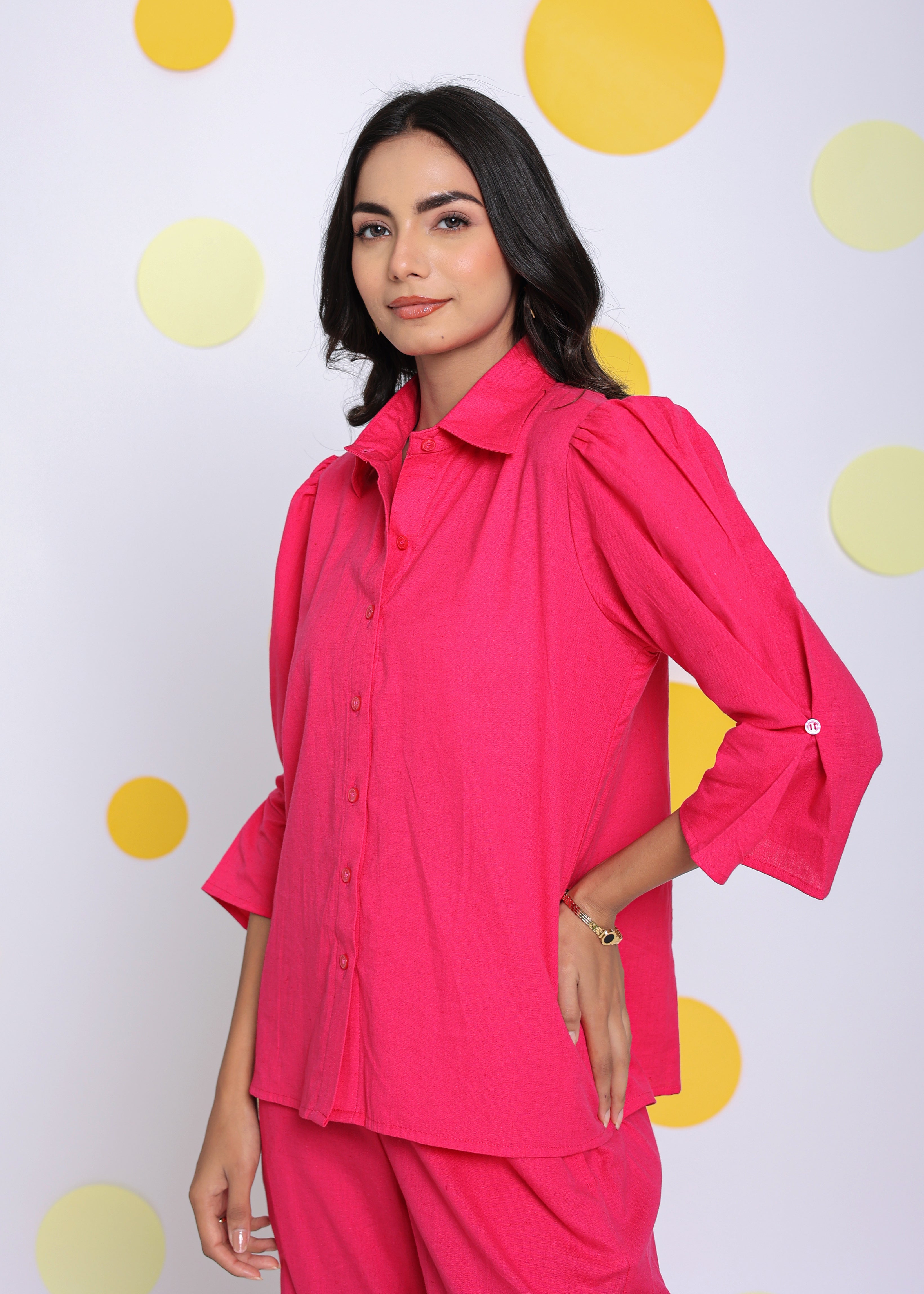 Hot Pink Summer Relaxed Collared Formal Linen Shirt - Kaoribyshreya