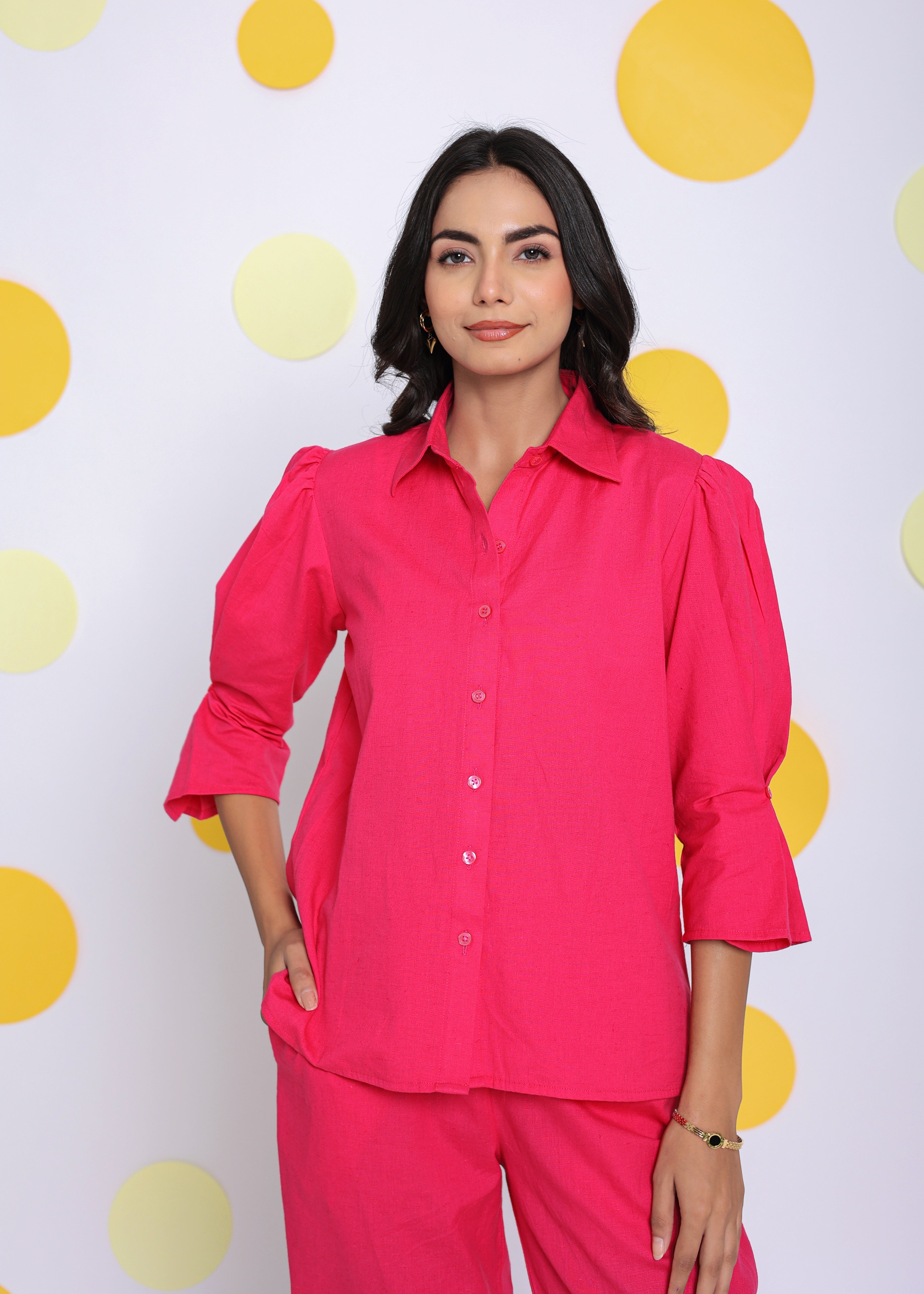 Hot Pink Summer Relaxed Collared Formal Linen Shirt - Kaoribyshreya