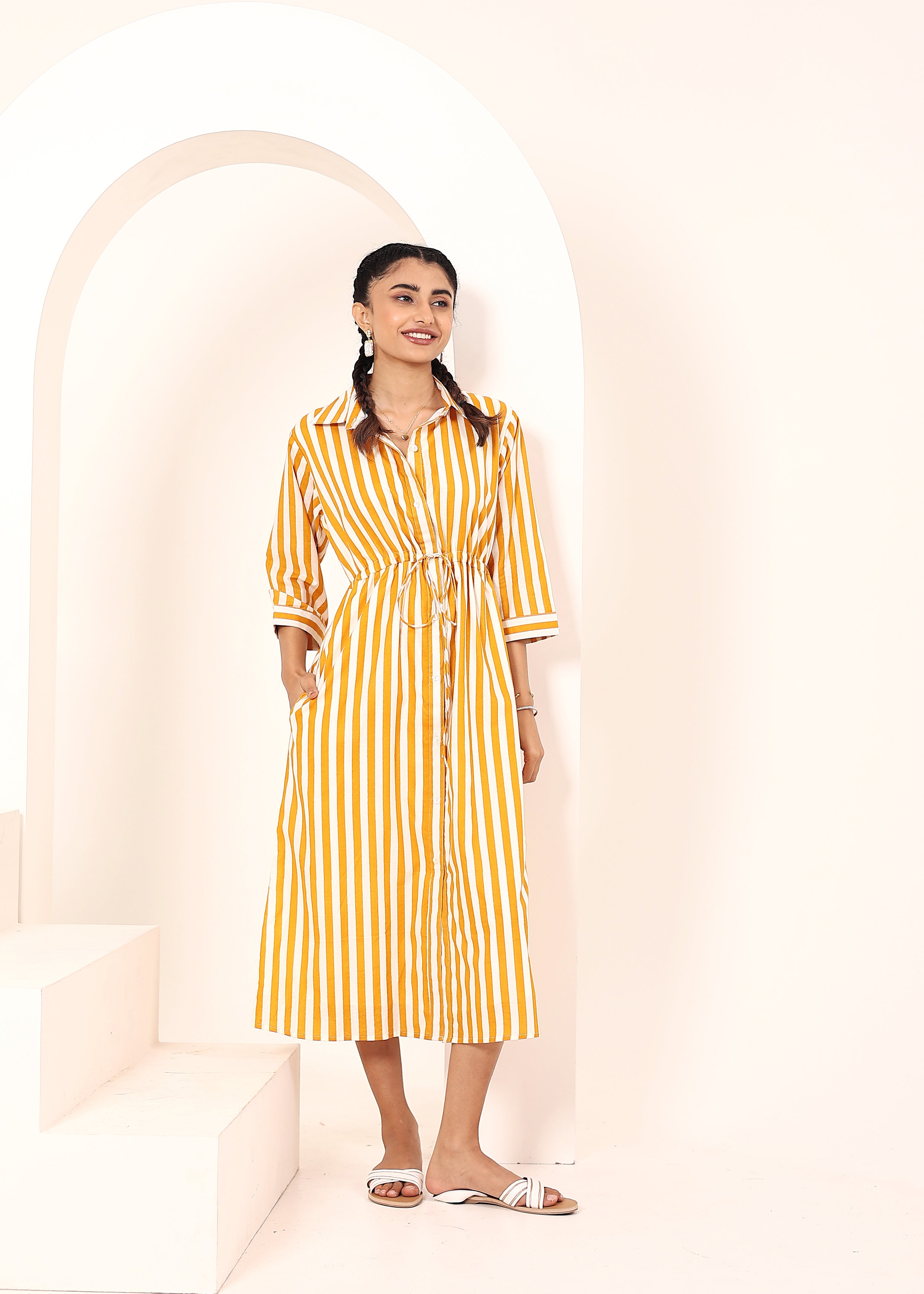 Yellow Striped Shirt Dress with Waist Drawstring - Kaoribyshreya