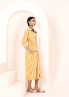 Yellow Striped Shirt Dress with Waist Drawstring - Kaoribyshreya