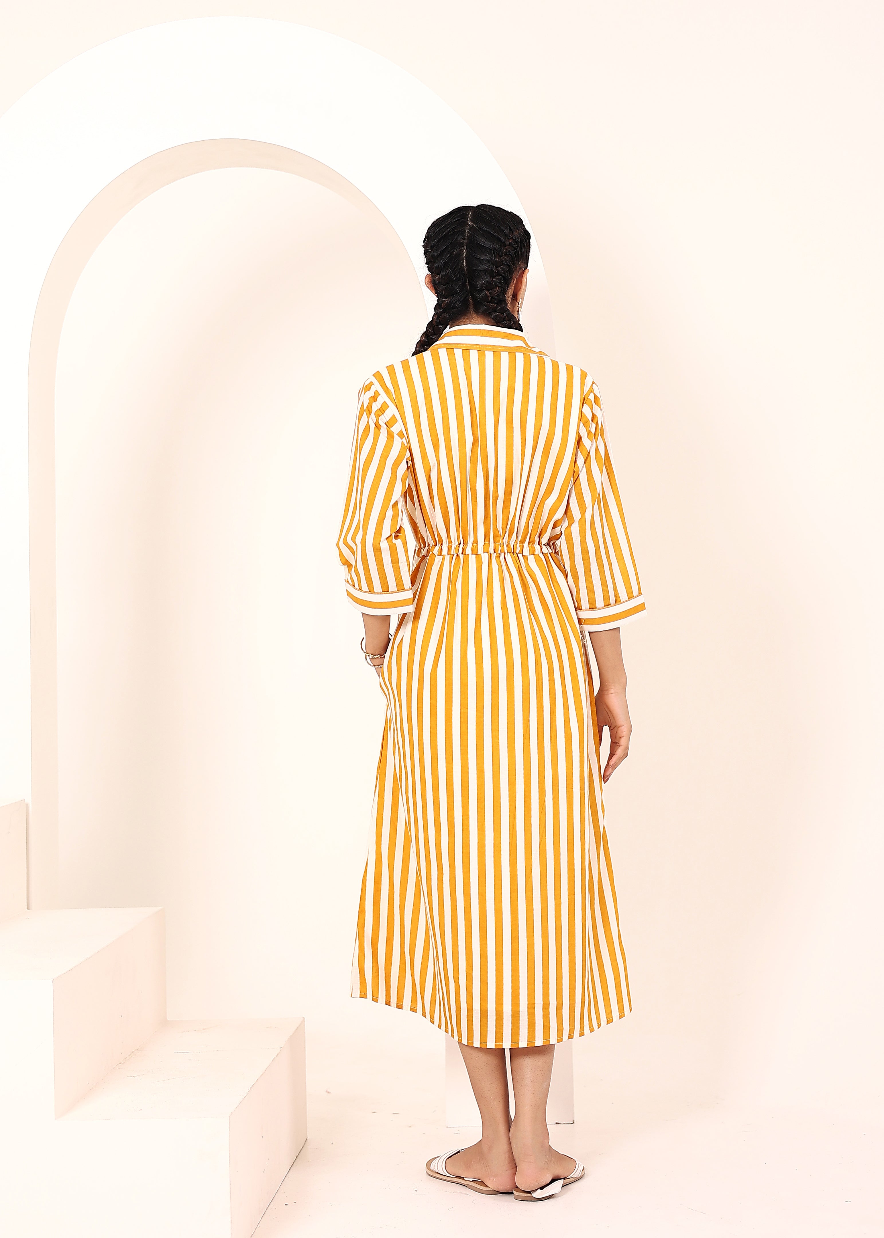Yellow Striped Shirt Dress with Waist Drawstring - Kaoribyshreya