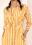 Yellow Striped Shirt Dress with Waist Drawstring - Kaoribyshreya