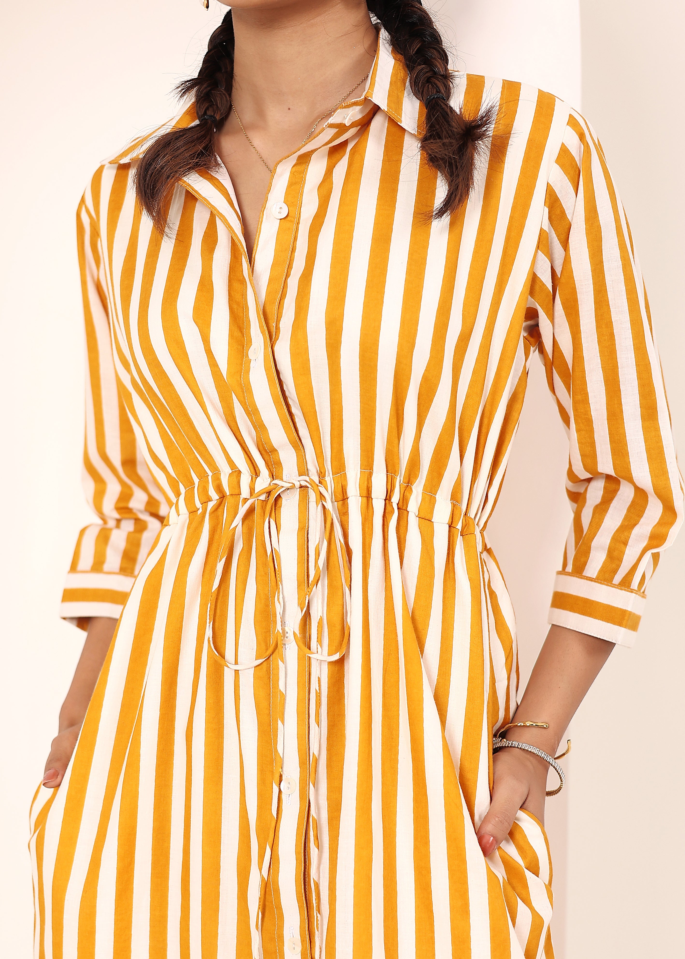 Yellow Striped Shirt Dress with Waist Drawstring - Kaoribyshreya