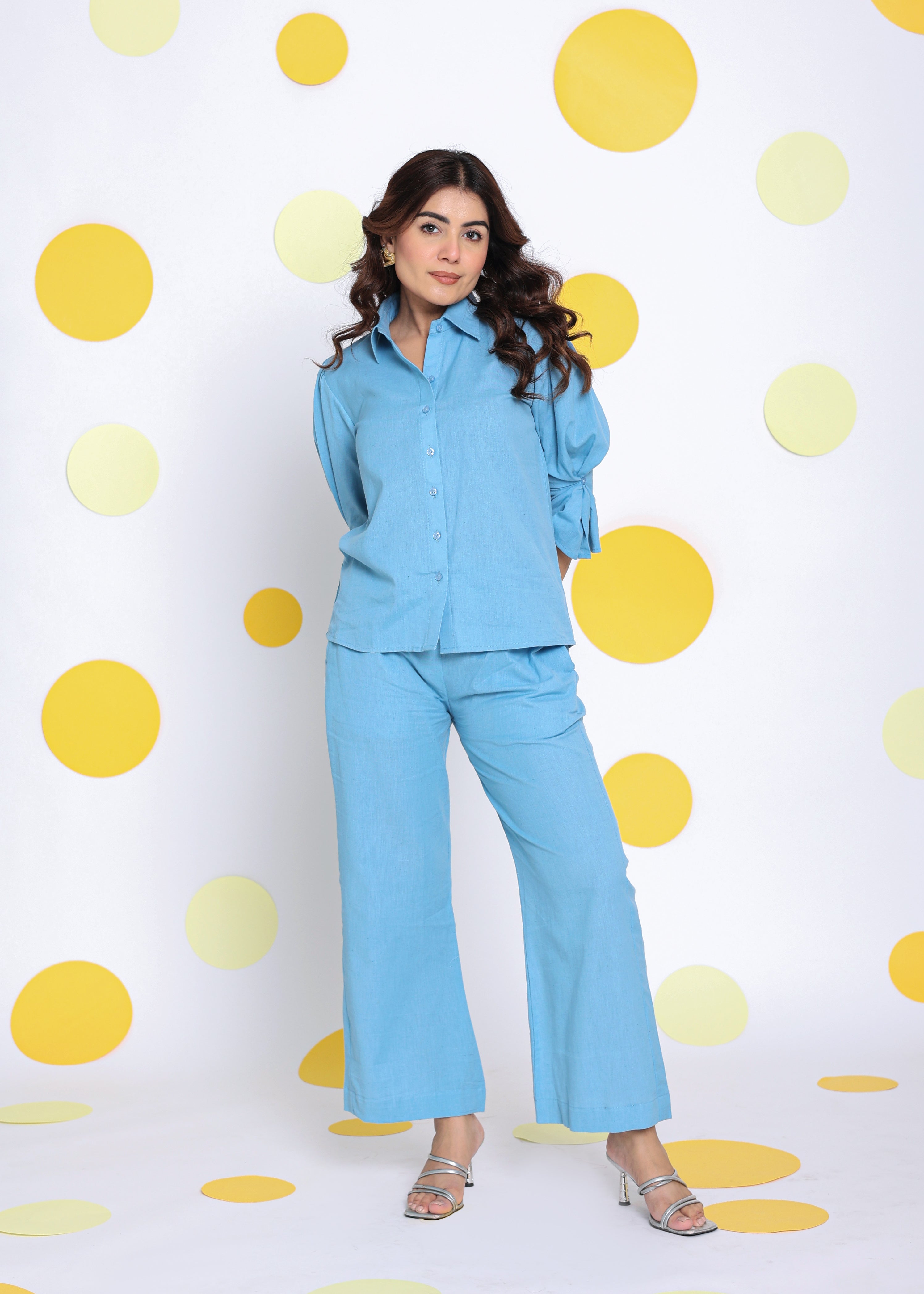 Sky Blue Shirt and Pant 2 Piece Set Summer Relaxed Linen Co-ord Set - Kaoribyshreya