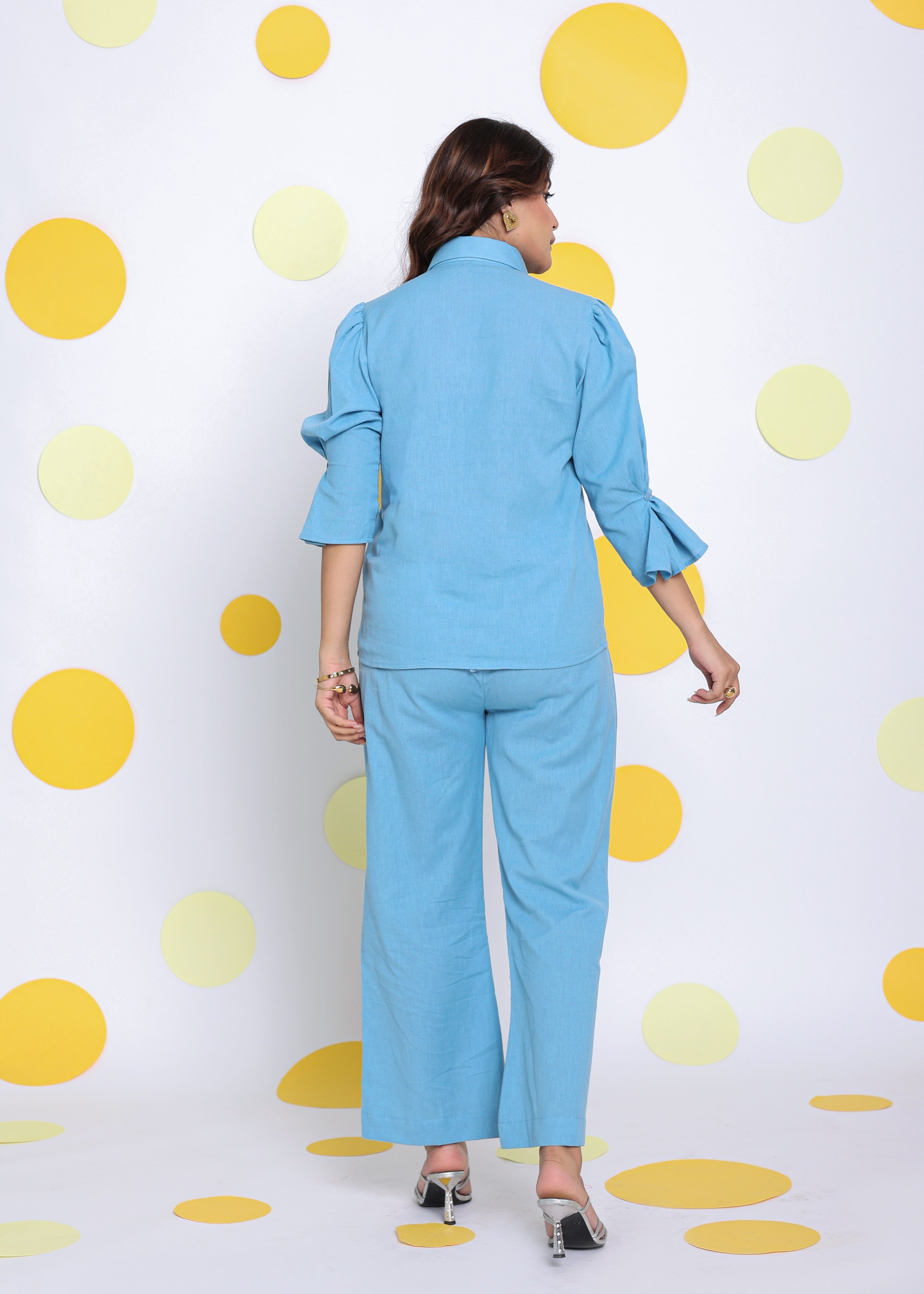 Sky Blue Shirt and Pant 2 Piece Set Summer Relaxed Linen Co-ord Set - Kaoribyshreya