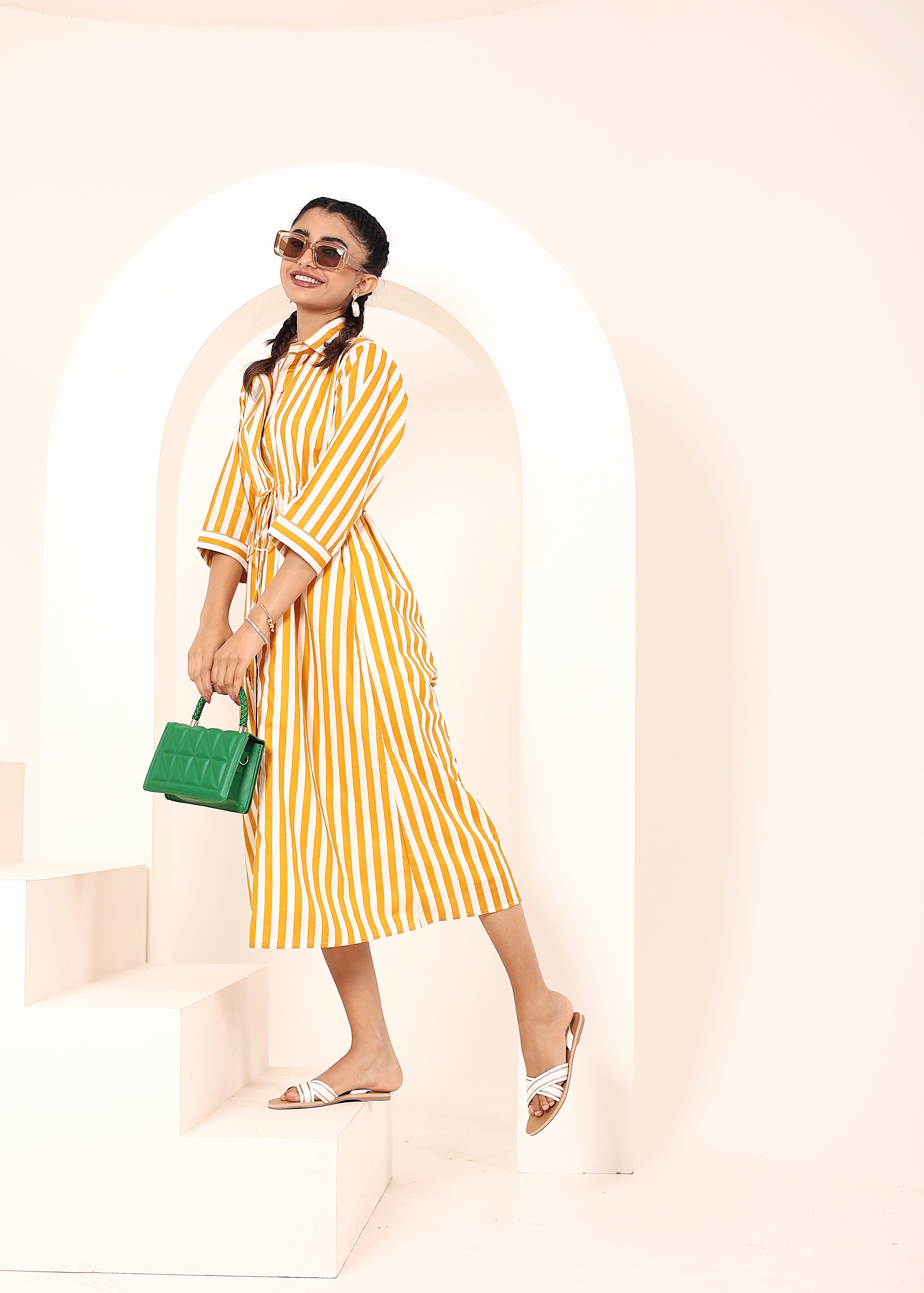 Yellow Striped Shirt Dress with Waist Drawstring - Kaoribyshreya