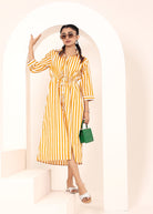 Yellow Striped Shirt Dress with Waist Drawstring - Kaoribyshreya
