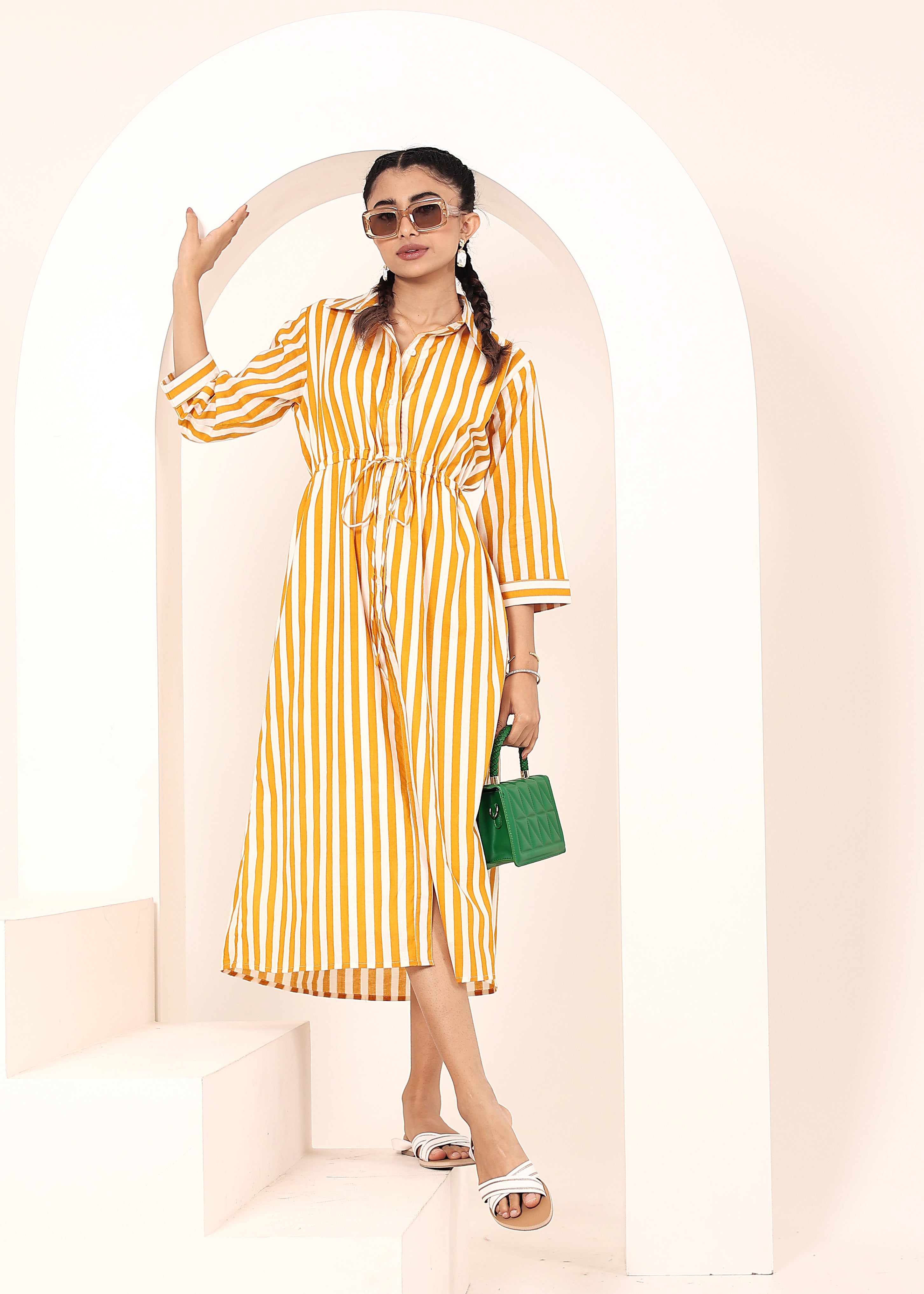 Yellow Striped Shirt Dress with Waist Drawstring - Kaoribyshreya