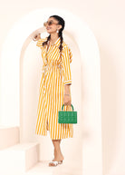 Yellow Striped Shirt Dress with Waist Drawstring - Kaoribyshreya