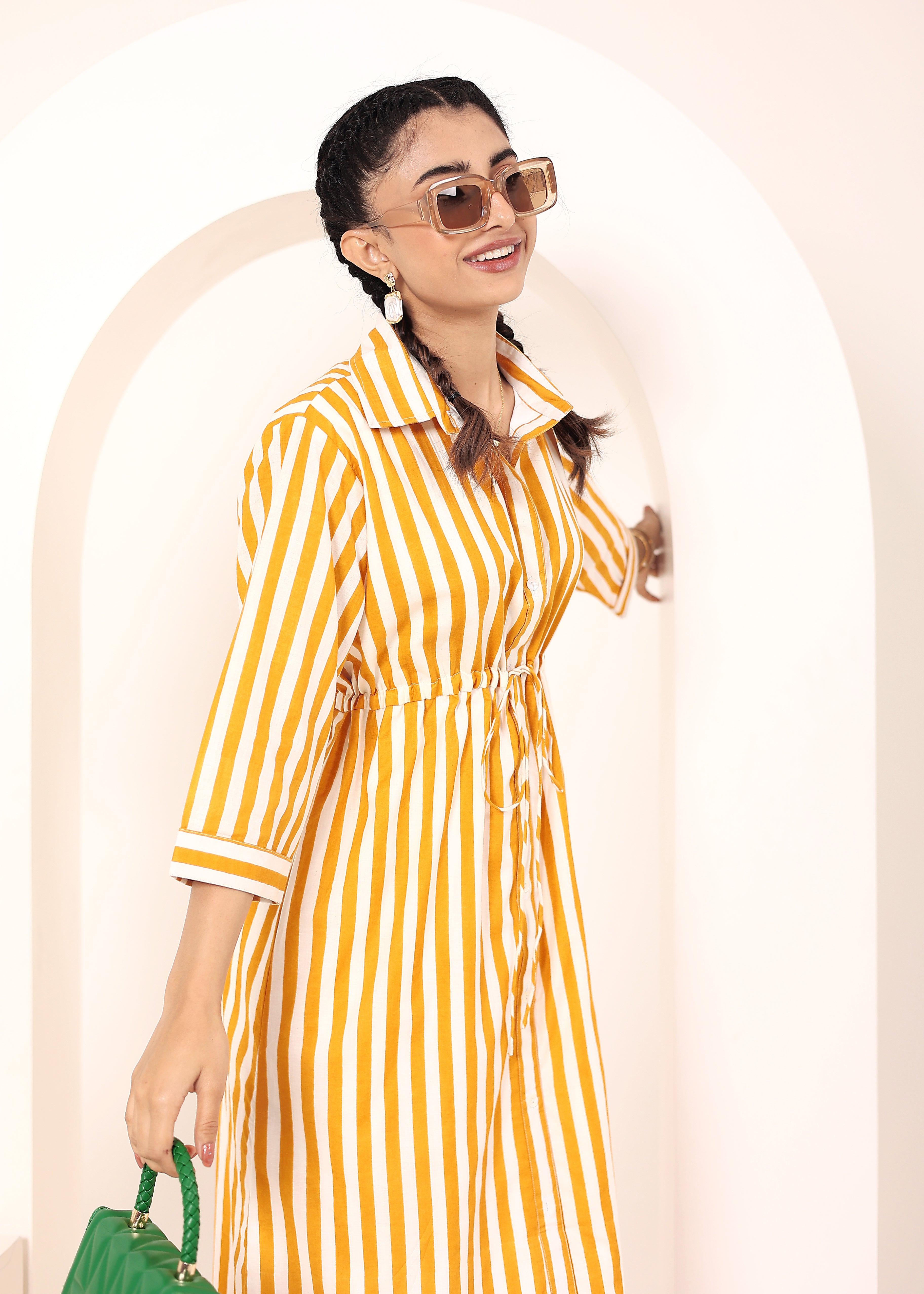 Yellow Striped Shirt Dress with Waist Drawstring - Kaoribyshreya