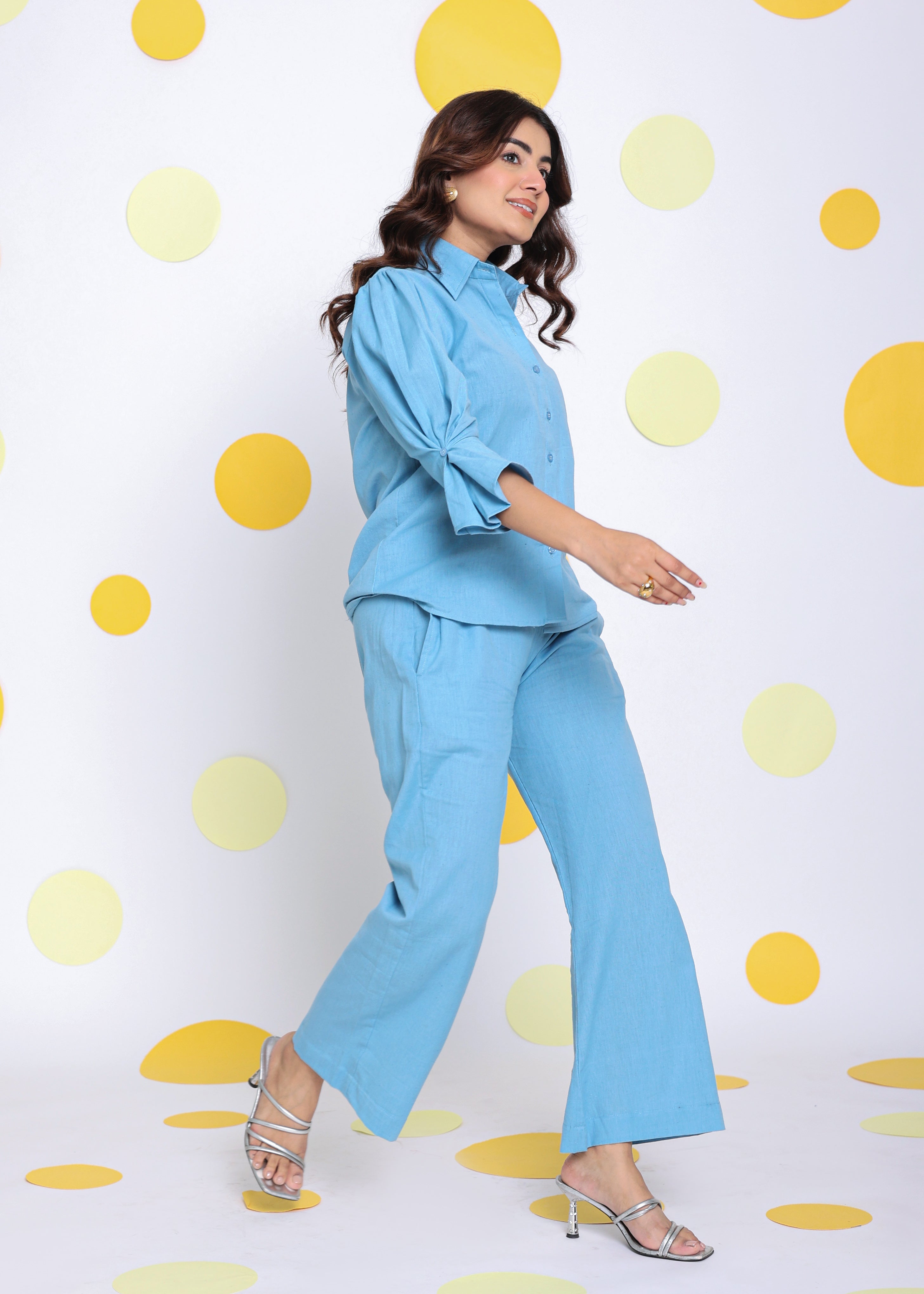 Sky Blue Shirt and Pant 2 Piece Set Summer Relaxed Linen Co-ord Set - Kaoribyshreya