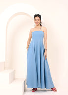 Sky Blue Linen Blend Tube Flared Maxi Dress with Pockets - Kaoribyshreya
