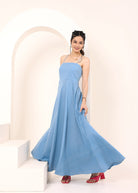 Sky Blue Linen Blend Tube Flared Maxi Dress with Pockets - Kaoribyshreya