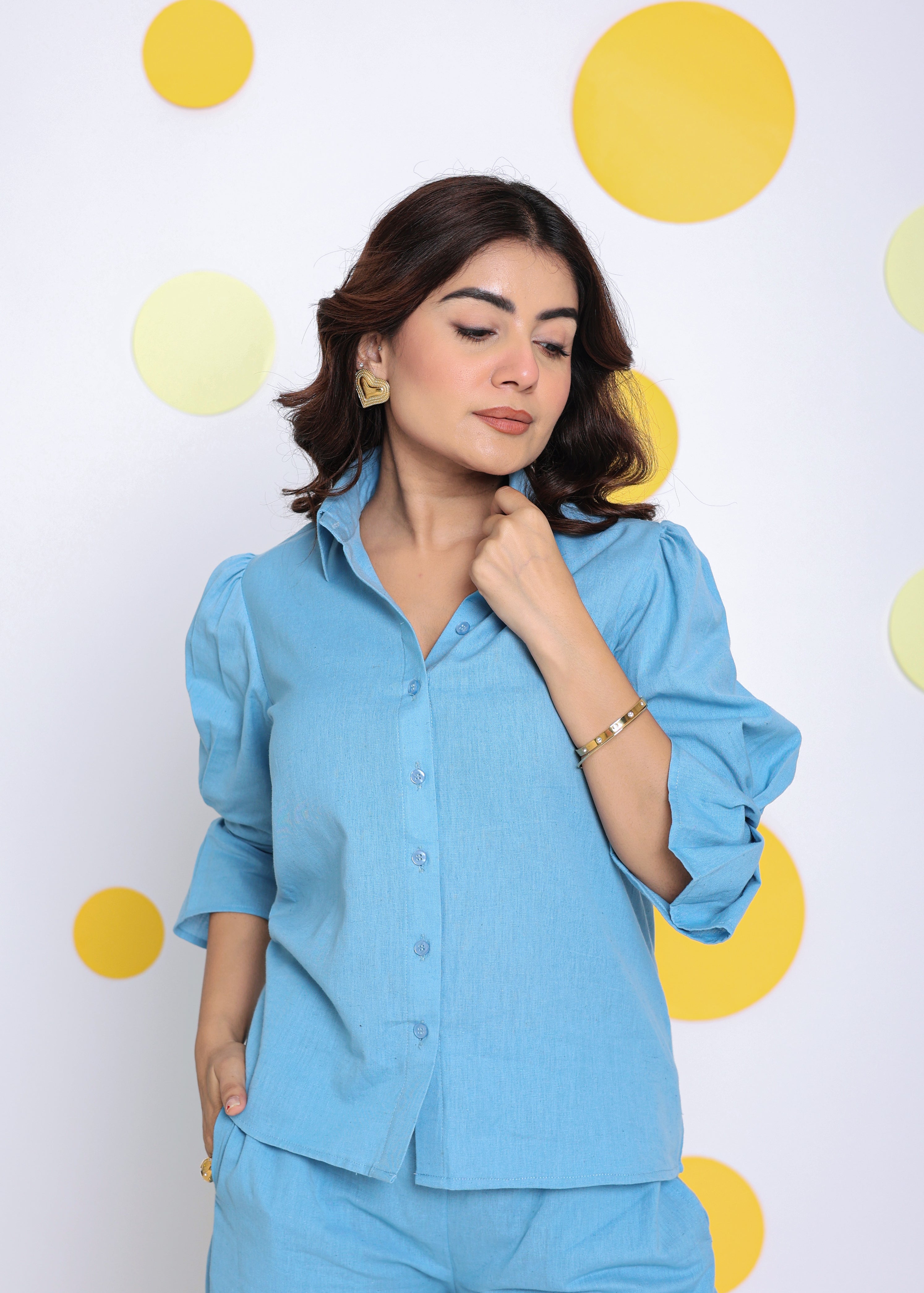 Sky Blue Summer Relaxed Collared Formal Linen Shirt - Kaoribyshreya
