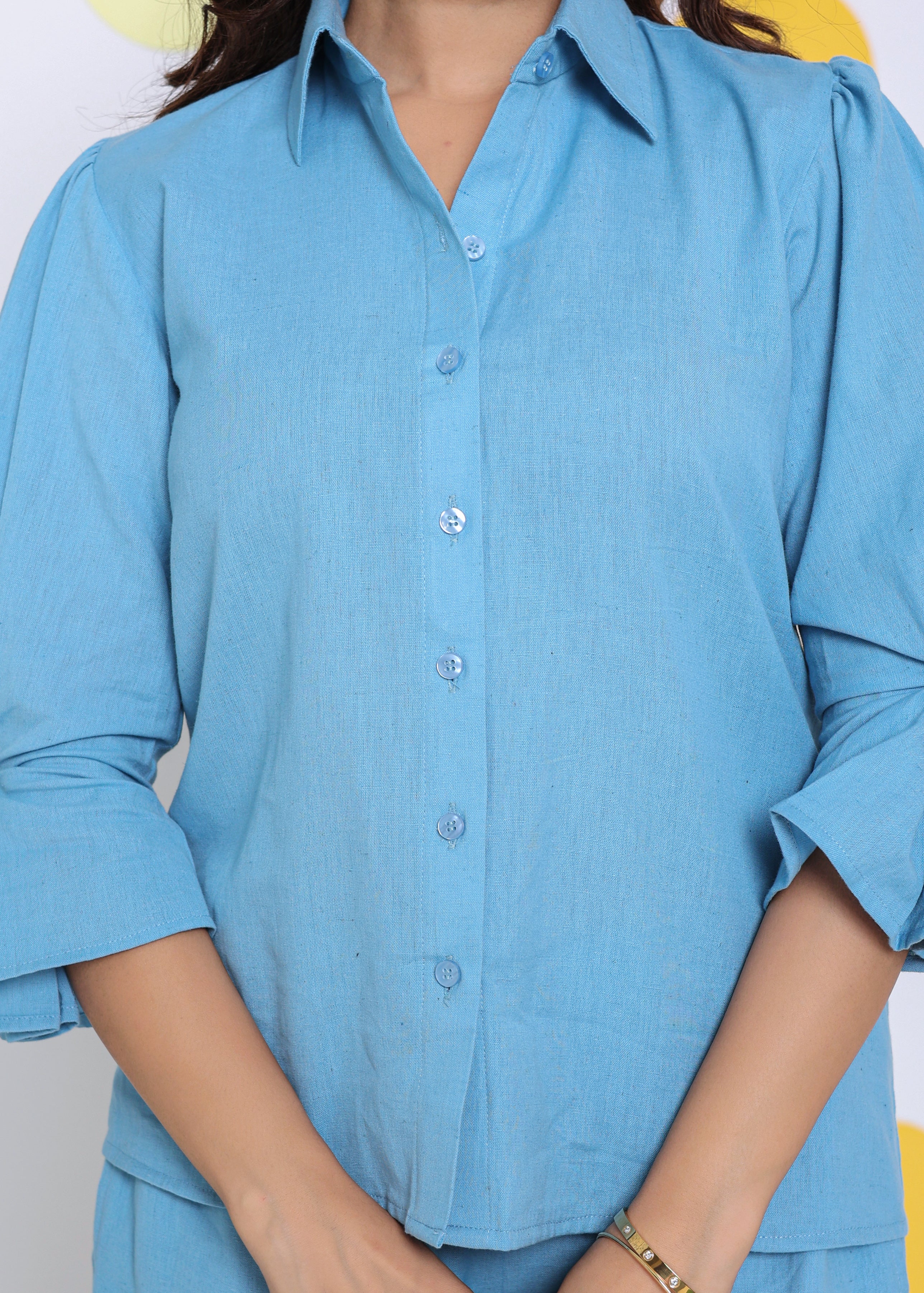 Sky Blue Summer Relaxed Collared Formal Linen Shirt - Kaoribyshreya