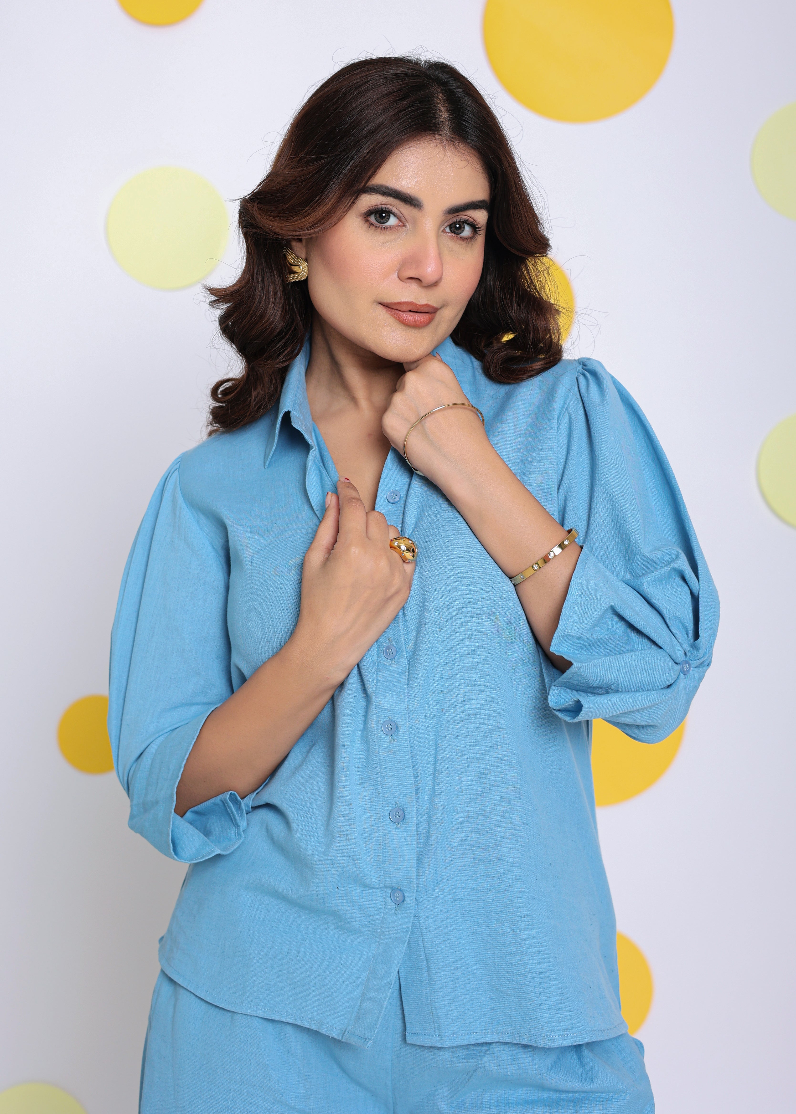 Sky Blue Shirt and Pant 2 Piece Set Summer Relaxed Linen Co-ord Set - Kaoribyshreya